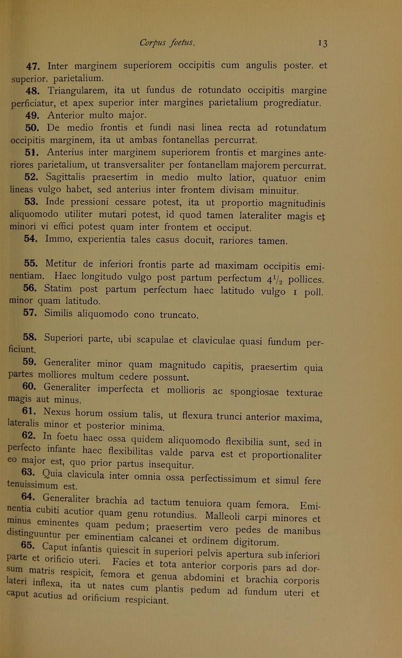 47. Inter marginem superiorem occipitis cum angulis poster. et superior. parietalium. 48. Triangulärem, ita ut fundus de rotundato occipitis margine perficiatur, et apex superior inter margines parietalium progrediatur. 49. Anterior multo major. 50. De medio frontis et fundi nasi linea recta ad rotundatum occipitis marginem, ita ut ambas fontanellas percurrat. 51. Anterius inter marginem superiorem frontis et margines ante- riores parietalium, ut transversaliter per fontanellam majorem percurrat. 52. Sagittalis praesertim in medio multo latior, quatuor enim lineas vulgo habet, sed anterius inter frontem divisam minuitur. 53. Inde pressioni cessare potest, ita ut proportio magnitudinis aliquomodo utiliter mutari potest, id quod tarnen lateraliter magis et minori vi effici potest quam inter frontem et occiput. 54. Immo, experientia tales casus docuit, rariores tarnen. 55. Metitur de inferiori frontis parte ad maximam occipitis emi- nentiam. Haec longitudo vulgo post partum perfectum 41/3 pollices. 56. Statim post partum perfectum haec latitudo vulgo 1 poll. minor quam latitudo. 57. Similis aliquomodo cono truncato. 58. Superiori parte, ubi scapulae et claviculae quasi fundum per- ficiunt. 59. Generaliter minor quam magnitudo capitis, praesertim quia partes molliores multum cedere possunt. 60. Generaliter imperfecta et mollioris ac spongiosae texturae magis aut minus. 61. Nexus horum ossium talis, ut flexura trunci anterior maxima lateralis minor et posterior minima. 62 In foetu haec ossa quidem aliquomodo flexibilia sunt, sed in orr° 1 haCC flexibilitas valde Parva est et proportionaliter major est, quo prior partus insequitur. tenu^im™ae5laViCUla °mnia ““ perfectissimum <* «mul fere nen&'cutoTr1, braChia * taCtUm tenUi°ra ‘i““1 femora- Emi- minus * quam Malleoli carpi minores et distinguuntar Der q“am P ; praesertim TCro Pedes de manibus 65 r,,P- emmentlam calcanei et ordinem digitorum. parte et on^dö“«^8 qjFaS etStotari0r t^1™ af>ertUra sub inferiori sum matris resnirir V 1 * anterior corporis pars ad dor- lateri inflexa ita ut Cr?°ra Gt genua abdomini et brachia corporis «put aculius Ä-r PedUm ad fadU” -