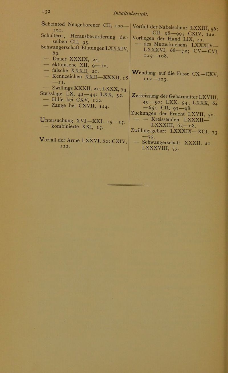 Scheintod Neugeborener CI1, ioo— IOI. Schultern, Herausbevörderung der- selben CII, 95. Schwangerschaft, Blutungen LXXXIV 69. — Dauer XXXIX, 24. — ektopische XII, 9—xo — falsche XXXII, 21. — Kennzeichen XXII—XXXII, 18 —21. — Zwillings XXXII, 21; LXXX, 73. Steisslage LX, 42—44; LXX, 52. — Hilfe bei CXV, 122. — Zange bei CXVII, 124. Untersuchung XVI—XXI, 15 — 17. — kombinierte XXI, 17. Vorfall der Arme LXXVI, 62 ; CXIV, 122. Vorfall der Nabelschnur LXXIII, 56- CII, 98—99; CXIV, 12 2.’ Vorhegen der Hand LIX, 41. — des Mutterkuchens LXXXIV LXXXVI, 68—72; CV — CVI, 105—108. Wendung auf die Füsse CX—CXV, 112—123. Zerreissung der Gebärmutter LXVIII, 49-5o; LXX, 54; LXXX, 64 —65; CII, 97—98. Zuckungen der Frucht LXVII, 50. Kreissenden LXXXII— LXXXIII, 65—68. Zwillingsgeburt LXXXIX—XCI, 73 —75- — Schwangerschaft XXXII, 21 LXXXVIII, 73.