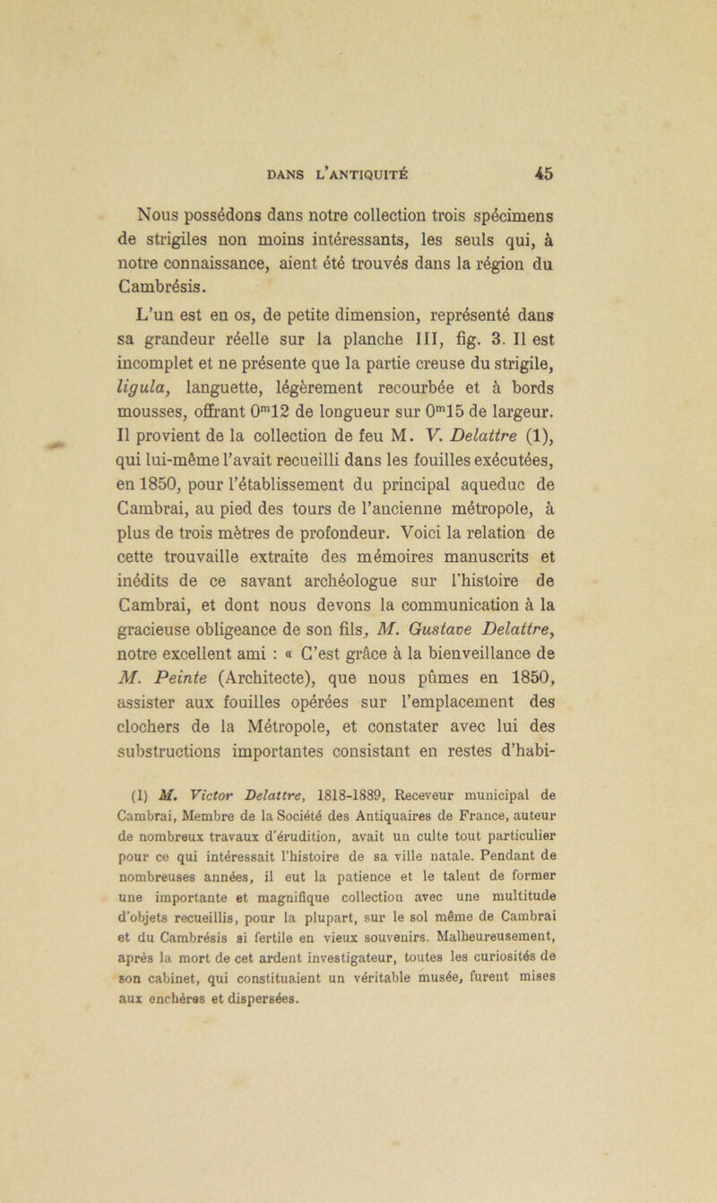 Nous possédons dans notre collection trois spécimens de strigiles non moins intéressants, les seuls qui, à notre connaissance, aient été trouvés dans la région du Cambrésis. L’un est en os, de petite dimension, représenté dans sa grandeur réelle sur la planche III, fig. 3. Il est incomplet et ne présente que la partie creuse du strigile, ligula, languette, légèrement recourbée et à bords mousses, offrant 0m12 de longueur sur 0m15 de largeur. Il provient de la collection de feu M. V. Delattre (1), qui lui-même l’avait recueilli dans les fouilles exécutées, en 1850, pour l’établissement du principal aqueduc de Cambrai, au pied des tours de l’ancienne métropole, à plus de trois mètres de profondeur. Voici la relation de cette trouvaille extraite des mémoires manuscrits et inédits de ce savant archéologue sur l’histoire de Cambrai, et dont nous devons la communication à la gracieuse obligeance de son fils, M. Gustave Delattre, notre excellent ami : « C’est grâce à la bienveillance de M. Peinte (Architecte), que nous pûmes en 1850, assister aux fouilles opérées sur l’emplacement des clochers de la Métropole, et constater avec lui des substructions importantes consistant en restes d’habi- (1) M. Victor Delattre, 1818-1889, Receveur municipal de Cambrai, Membre de la Société des Antiquaires de France, auteur de nombreux travaux d’érudition, avait un culte tout particulier pour ce qui intéressait l’histoire de sa ville natale. Pendant de nombreuses années, il eut la patience et le talent de former une importante et magnifique collection avec une multitude d’objets recueillis, pour la plupart, sur le sol même de Cambrai et du Cambrésis si fertile en vieux souvenirs. Malheureusement, après la mort de cet ardent investigateur, toutes les curiosités de son cabinet, qui constituaient un véritable musée, furent mises aux enchères et dispersées.