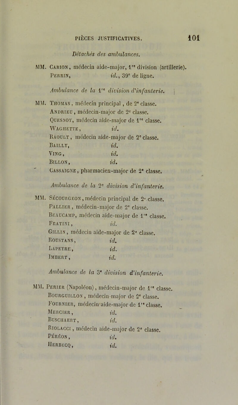 Détachés des ambulances. MM. Carion, médecin aide-major, 1 division (artillerie). Ambulance de la 1 division d'infanterie. MM. Thomas , médecin principal, de 2' classe. Andrieu, médecin-major de 2e classe. Quesnoy, médecin aide-major de 1 classe. Waghette, ici. Iîaoult , médecin aide-major de 2° classe. Bailly, id. Ving, id. Billon, id. Gassaigne , pharmacien-major de 2* classe. Ambulance de la 2e division d’infanterie. MM. Sécodrgeon,médecin principal de 2' classe. Pallier , médecin-major de 2' classe. Beadcamp, médecin aide-major de lre classe. Fratini, id. Gillin , médecin aide-major de 2e classe. Roustans , id. Lapeyre, id. Imbert , id. Ambulance de la 3* division d’infanterie. MM. Perier (Napoléon), médecin-major de 1 classe. Bourgdillon , médecin-major de 2' classe. Fournier, médecin'aide-major de 1 classe. Mercier, id. Büsciiaert, id. Riolacci , médecin aide-major de 2' classe. PÉRéON , id. IIerbecq, id. Perrin, id., 39e de ligne.