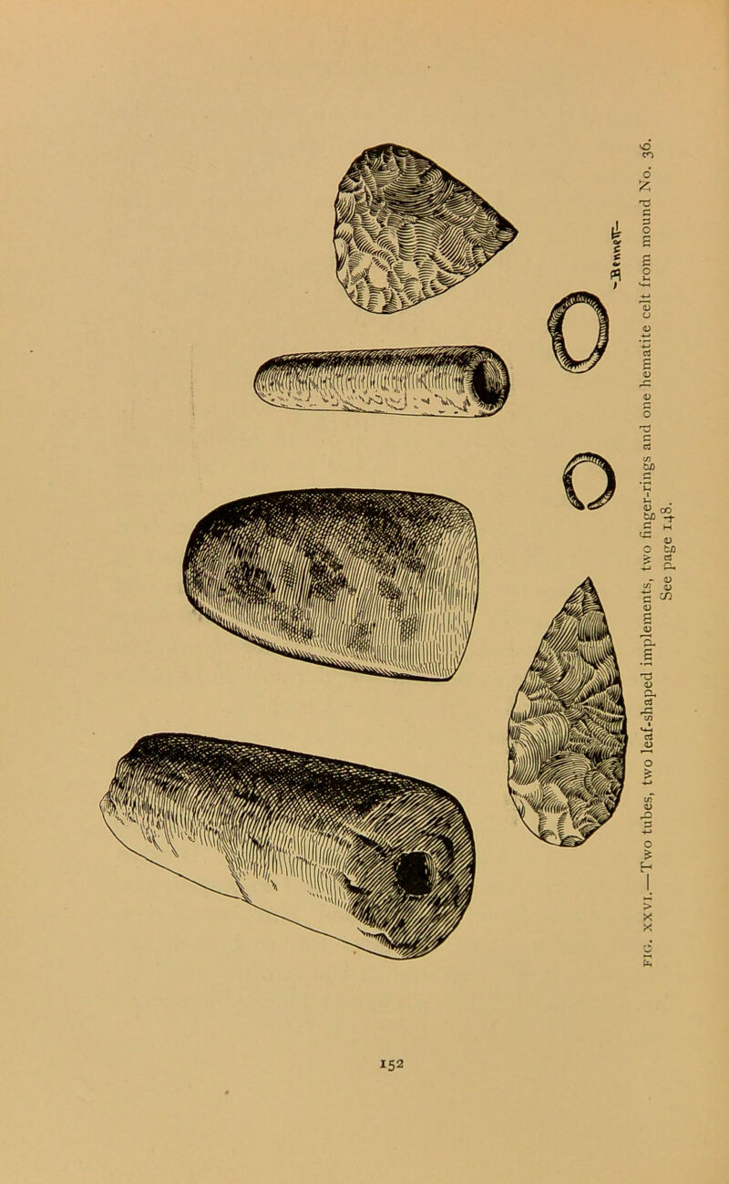 fig. xxvi.—Two tubes, two leaf-shaped implements, two finger-rings and one hematite celt from mound No. 36. See page 148.