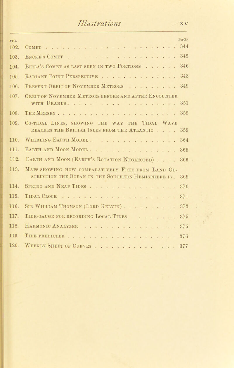 FIG. PAGE 102. Comet 344 103. Encke’s Comet 345 104. Biela’s Comet as last seen in two Portions 346 105. Radiant Point Perspective 348 106. Present Orbit of November Meteors 349 107. Orbit of November Meteors before and after Encounter with Uranus 351 108. The Mersey 355 109. Co-tidal Lines, showing the way the Tidal Wave REACHES THE BRITISH ISLES FROM THE ATLANTIC .... 359 110. Whirling Earth Model 364 111. Earth and Moon Model 365 112. Earth and Moon (Earth’s Rotation Neglected) .... 366 113. Maps showing how comparatively Free from Land Ob- struction the Ocean in the Southern Hemisphere is . 369 114. Spring and Neap Tides 370 115. Tidal Clock 371 116. Sir William Thomson (Lord Ivelvin) 373 117. Tide-gauge for recording Local Tides 375 118. Harmonic Analyzer 375 119. Tide-predicter 376 120. Weekly Sheet of Curves 377
