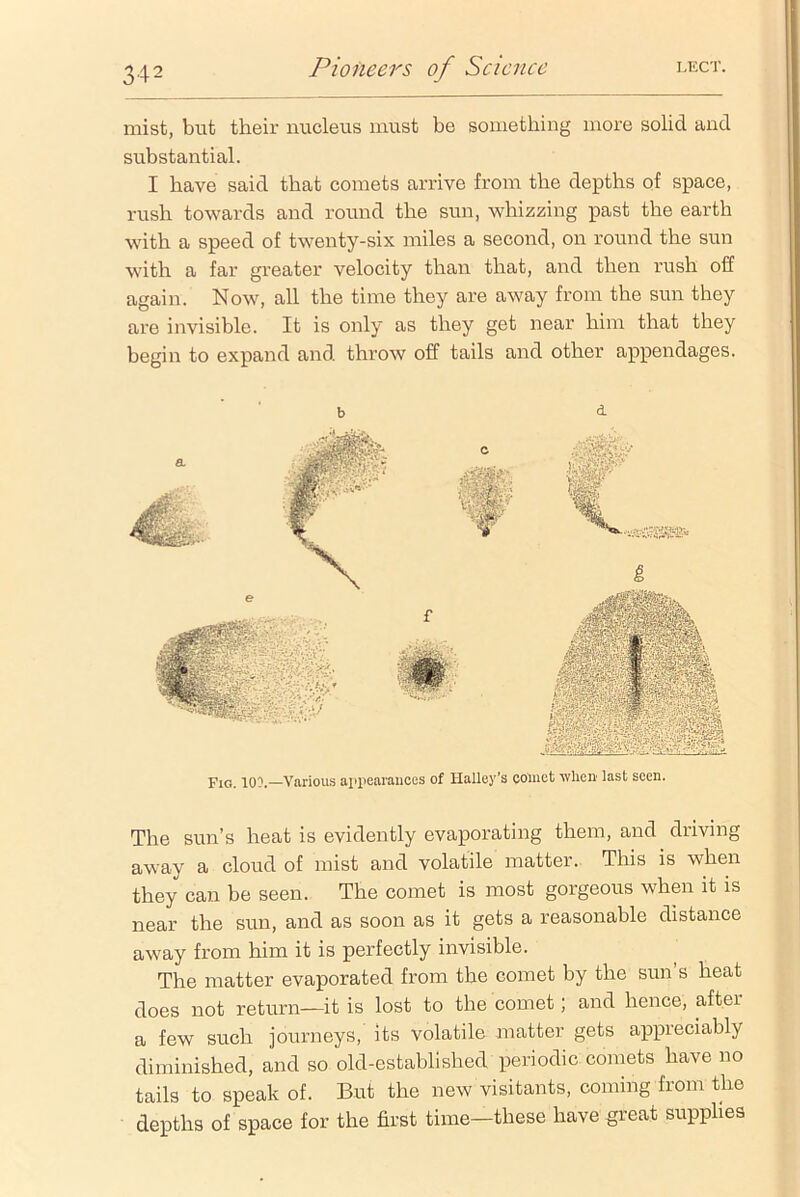 mist, but their nucleus must be something more solid and substantial. I have said that comets arrive from the depths of space, rush towards and round the sun, whizzing past the earth with a speed of twenty-six miles a second, on round the sun with a far greater velocity than that, and then rush off again. Now, all the time they are away from the sun they are invisible. It is only as they get near him that they begin to expand and throw off tails and other appendages. b a Fig. 10D.—Various appearances of Halley’s comet when last seen. The sun’s heat is evidently evaporating them, and driving away a cloud of mist and volatile matter. This is when they can be seen. The comet is most gorgeous when it is near the sun, and as soon as it gets a reasonable distance away from him it is perfectly invisible. The matter evaporated from the comet by the sun’s heat does not return—it is lost to the comet; and hence, after a few such journeys, its volatile matter gets appreciably diminished, and so old-established periodic comets have no tails to speak of. But the new visitants, coming from the depths of space for the first time—these have great supplies
