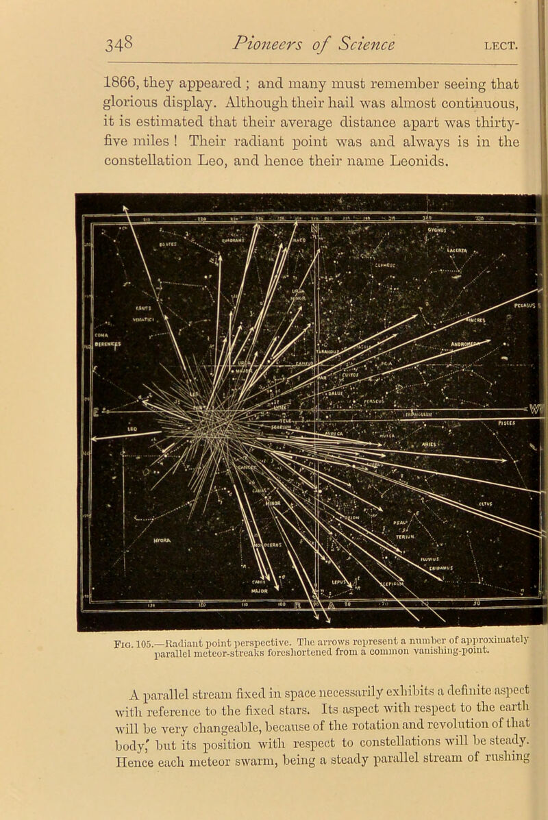 1866, they appeared ; and many must remember seeing that glorious display. Although their hail was almost continuous, it is estimated that their average distance apart was thirty- five miles ! Their radiant point was and always is in the constellation Leo, and hence their name Leonids. Fig 105.—Radiant point perspective. The arrows represent a number of approximately parallel meteor-streaks foreshortened from a common vanishing-point. A parallel stream fixed in space necessarily exhibits a definite aspect with reference to the fixed stars. Its aspect with respect to the eaith will be very changeable, because of the rotation and revolution of that body,' but its position with respect to constellations will be steady. Hence each meteor swarm, being a steady parallel stream of rushing