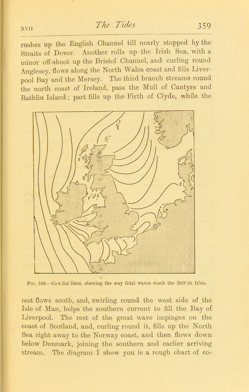 rushes up the English Channel till nearly stopped by the Straits of Dover. Another rolls up the Iiish Sea, with a minor off-shoot up the Bristol Channel, and curling round Anglesey, flows along the North Wales coast and fills Liver- pool Bay and the Mersey. The third branch streams round the north coast of Ireland, pass the Mull of Cantyre and Eathlin Island; part fills up the Firth of Clyde, while the Fig. 109.—Co-tidal lines, showing the way tidal waves reach the British Is'.cs. rest flows south, and, swirling round the west side of the Isle of Man, helps the southern current to fill the Bay of Liverpool. The rest of the great wave impinges on the coast of Scotland, and, curling round it, fills up the North Sea right away to the Norway coast, and then flows down below Denmark, joining the southern and earlier arriving stream. The diagram I show you is a rough chart of co-