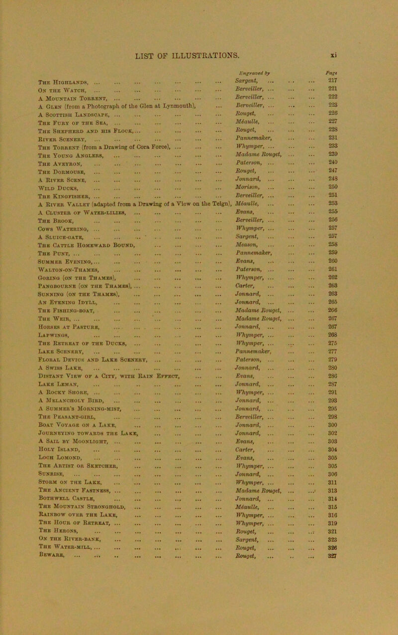 The Highlands lîngraved by Sargent, Paye 217 On tiie Watch, ... Berveiller, ... 221 A Mountain Torrent, Sert ciller, ... 222 A Gi.en (from a Photograpli of tlie Glen nt Lynraouth), Berveiller, ... 223 A Scottish Landsoape, Rouget, 226 The Fury of thk Sea, Méaulle, 227 The Shepherd and his Flock, Rouget, 228 River Scenery, ... Pannemaker, 231 The Torrent (from a Drawing of Cora Force), ... Whymper, ... 233 The Youno Anolers, Madame Rouget, 239 The Aveyron, Paterson, ... 240 The Dormouse, Rouget, 247 A River Scene, Jonnard, ... 248 Wild Duces, Morison, 250 The Kinofisher, Berveiller, ... 251 A River Valley (adapted from a Drawing of a View on the Teign), Méaulle, 253 A Cluster of Water-lilies Evans, 255 The Brook, Berveiller, ... 256 Cows Waterino, ... Whymper, ... 257 A Sluice-gate, ... ... ... ' Sargent, 257 The Cattle Homeward Bound, Meason, 258 The Punt Pannemaker, 259 SUMMER EVENING, Evans, 260 W A LTO N-ON-Th AM E-S, Paterson, ... 261 GORINO (ON THE THAMES), Whymper, ... 262 PaNGBOURNE (on THE THAMES), Carter, 263 SUNNING (ON THE THAMES) Jonnard, ... 263 An EVENING iDYtL, Jonnard, 265 The Fishing-boat, Madame Rouget, 266 Tue AVeir Madame Rouget, 267 Horsks AT Pasture, Jonnard, ... 267 Lapwings, Whymper, ... 26S The Retreat of the Dücks, Whymper, ... 275 Lake Scenery, Pannemaker, 277 Floral Deviok and Lake Scenery, ... Paterson, ... 279 A Swiss Lake, Jonnard, 280 Distant View of a City, with Rain Effect, Evans, 286 Lake Léman, ... ... Jonnard, ... 287 A Rocky Shore Whymper, ... 291 A Melancholy Bird, ... ... Jonnard, ... 293 A Summer’s Mornino-mist, ... Jonnard, ... 295 The Peasant-girl, Berveiller, ... 298 Boat Voyage on a Lake, Jonnard, ... 300 JoURNEYING TOWARDS THE LAKE, Jonnard, ... 302 A Sail by Moonlight, Evans, 303 Holy Island, Carter, 304 Loch Lomond, Evans, 305 The Artist or Sketcher, Whymper, ... 305 SUNRISE, Jonnard, ... 306 Storm on the Lake Whymper, ... 311 The Ancient Fastness, Madame Rouget, 313 Bothwell Castle, Jonnard, ... 314 The Mountain Stronghold, Méaulle, 315 RaINBOW OVER THE LAKE, Whymper, ... 316 The Hour of Retreat, Whymper, ... 319 The Hérons, Rouget, 321 On the Rivbr-bank, Sargent, 823 The Water-mill, Rouget, 326