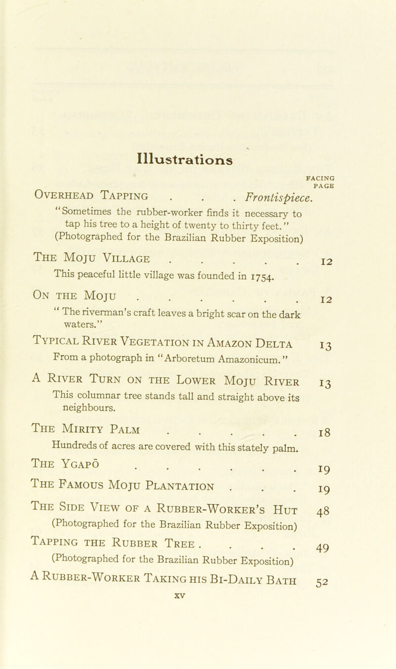 Overhead Tapping . . . Frontispiece Sometimes the rubber-worker finds it necessary to tap his tree to a height of twenty to thirty feet. ” (Photographed for the Brazilian Rubber Exposition) The Moju Village ..... This peaceful little village was founded in 1754. On the Moju ...... “ The riverman’s craft leaves a bright scar on the dark waters.” Typical River Vegetation in Amazon Delta From a photograph in “Arboretum Amazonicum. ” A River Turn on the Lower Moju River This columnar tree stands tall and straight above its neighbours. The Mirity Palm ..... Hundreds of acres are covered with this stately palm. The Ygapo The Famous Moju Plantation The Side View of a Rubber-Worker’s Hut (Photographed for the Brazilian Rubber Exposition) Tapping the Rubber Tree .... (Photographed for the Brazilian Rubber Exposition) A Rubber-Worker Taking his Bi-Daily Bath FACING PAGE 12 12 13 13 18 19 19 48 49 52