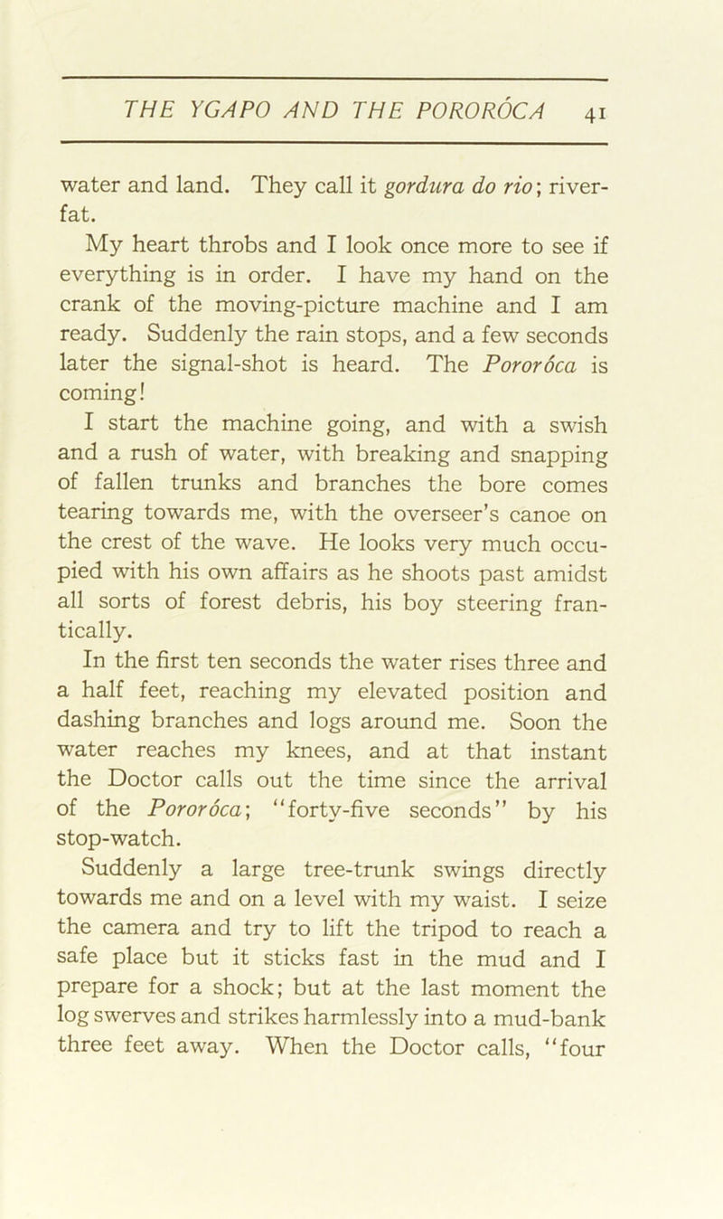 water and land. They call it gordura do rio; river- fat. My heart throbs and I look once more to see if everything is in order. I have my hand on the crank of the moving-picture machine and I am ready. Suddenly the rain stops, and a few seconds later the signal-shot is heard. The Pororoca is coming! I start the machine going, and with a swish and a rush of water, with breaking and snapping of fallen trunks and branches the bore comes tearing towards me, with the overseer’s canoe on the crest of the wave. He looks very much occu- pied with his own affairs as he shoots past amidst all sorts of forest debris, his boy steering fran- tically. In the first ten seconds the water rises three and a half feet, reaching my elevated position and dashing branches and logs around me. Soon the water reaches my knees, and at that instant the Doctor calls out the time since the arrival of the Pororoca' “forty-five seconds” by his stop-watch. Suddenly a large tree-trimk swings directly towards me and on a level with my waist. I seize the camera and try to lift the tripod to reach a safe place but it sticks fast in the mud and I prepare for a shock; but at the last moment the log swerves and strikes harmlessly into a mud-bank three feet away. When the Doctor calls, “four