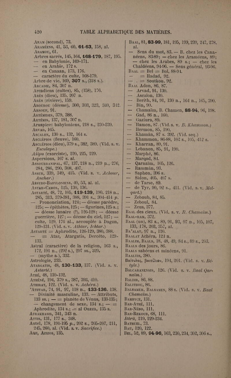 Echmounciiillem, 410. Echmounsili.ekh, 410. Edo.m, 41, 281. Edomites, 57, 100. Égypte (influence de 1’), 92, 3G3 s., 377, 387. Ekimmou, 274, 283. Enuma élis, 322, (325-331), 414. Efca, Ephca, (fontaine), 158, 165. Eemim, 57. El, 25, 70-83 , 90. — formes, 71-76; —sens général, 77 s. — étymologie, 79 s. Ei. Beritii, 84. — Khaman, 87, 122, 125. — Khammon, 103, 105, 412 s. — Myiagros, 85 n. Ei. — Kronos, 105, 385 s. Ei.am, 52, 56, 60, 224, 286, 291, 298, 308, 321. Elat, Elot, 72 s. Eleusis, 167. Eliada, 73. Ei.ui, 71 s., 77, 389, 412 s. Elioun, 72, (Elon, 73), (76), 378, 384. Eloah, 71, 77, 79 s. Eloei.m, 72, 379, 389. Elohim (les), 19. Elohim (= morts), 270 s. Elohim, 71, 77, 79 s., 389. Elos, 378 s. Émèse, 187, 194. Enceinte sacrée, 165, 178, 179-187, 192, 205, 209, 223, 237, 256 n. — chez les Babyloniens, 180 s. — — Cananéens, 181-183. — — Araméens, 183. — — Arabes, 183 s. — théorie, 180, 185-187. Encens, 212 n., 237 n., 257, 265, 295 n., 372, al. (Vid. s. v. Fumigation.) Enfers, 291 ss., 315, 319, 343. — (dieux des), 293, 299 s. (Vid. s. v. Cheol.) Ephod, 233, 236 n. Épidaure, 161. Erek, 136, 139, 239, 298 ss., 303, 305 s., 310 s., 323 s., 339. Ereskigai,, 107 s., 292. Eridou, 60, 323, 328, 338 n., 342, 346 s. Eryx, 125. Esaü, 373. Esculape, 184 s. (Vid. s. v. Asclépios.) Esprits, 15 s., 24, 27, 147, 152-157, 168, 226 s., 249, 266, 294, 296. (Vid. s. v. Dé- mons, Génies.) Étana, 342-346. Éthiopie, Éthiopiens, 41 s., 76, 101, 241 s. Europe (mythe d’), 73, 128 n. Eve, 306 n., 369, 373. Évolutionisme, 8, 20, 23 s., 26. Exogamie, 113 s. Exorcistes babyloniens, 218-225. Expiation. (Vid. s. v. Sacrifice, Magie.) Évhémère, évhémérisme, 31, (71), 88, 109, 130, 355-359, 384 s., 388. Farine, 236 s., 253, al. (Vid. s. v. Sacri- fice.) Femmes (impuretés relatives aux), 142- 147, 155, 256 n. Festin (sacrifice, vid. s. v.), 236 s. — (funéraire), 287 ss. Fétichisme, 83, 153, 212. Fleuves sacrés. (Vid. s. v. Eaux sacrées.) Fontaines sacrées. (Vid. s. v. Sources, Eaux sacrées.) Fumigations, 235-238. Funérailles, 252, 281-286. Funéraires (usages), 275-281, 290. — (sacrifices), 286-291. Gathé, Gatis, 130. Gè, 378 n., 384 s., 388. Géants, 371 s., 380, 390. (Vid. s. v. Dc- phaïm, Titans.) Génies, 170, 182, 220, 228. (Vid. s. v. Dé- mons, Djinn, Esprits.) Gharî, 193, 204 s. Ghassanides, 53. Gilgamès, 136, 169, 272, 291 ss., 297-322. 345 Goudéa, 60, 67, 192 n., 265. 272, 357. Grand prêtre, 216, 225, 238, 410. Hadad, 48, 73, 84, 90, 92-94. 98, 168, 188, ‘ 190, 197 n., 206, 231, 235, 237, 274, 289 s. IIadadar, 73. Hadès, 284, 293. (Vid. s. v. Cheol.) IIadhamaut, 133. Ham, IIamon, 87. Hamdani, 69. Hammourabi, 52, 60, 76, 121, 136, 138, 230, 9Q7 9QQ I.Iaram' 145, 181-187, 209, (23S n.). (Vid. s. v. Enceinte sacrée.) IIarim, 74. IIathor, 126, 128, 388. IIauran (divinités du), 88. Hauts lieux, 173, 181, 200, 203 s., 211. Hébreux (origine des), 60, 61. IIedjaz, 54, 143. Hégra, 183 s. HÉLiopoLis (divinités de), 87, 92, 176. Ilénothéisme, 21, 24. IIÉPIIAISTOS, 374 s. Héraclès, 84 s., 161,299 s., 308, 365 n., 381 n., 390-392, 411. Herem. (Vid. s. v. Jlaram). Hermès, 135, 354 n., 375, 381, 387 s. IIétéens (Kln\ti, Khétas, IÂhittim),44-50,59, 92. — art, 44-46; — origine ethistoire, 46 s.;