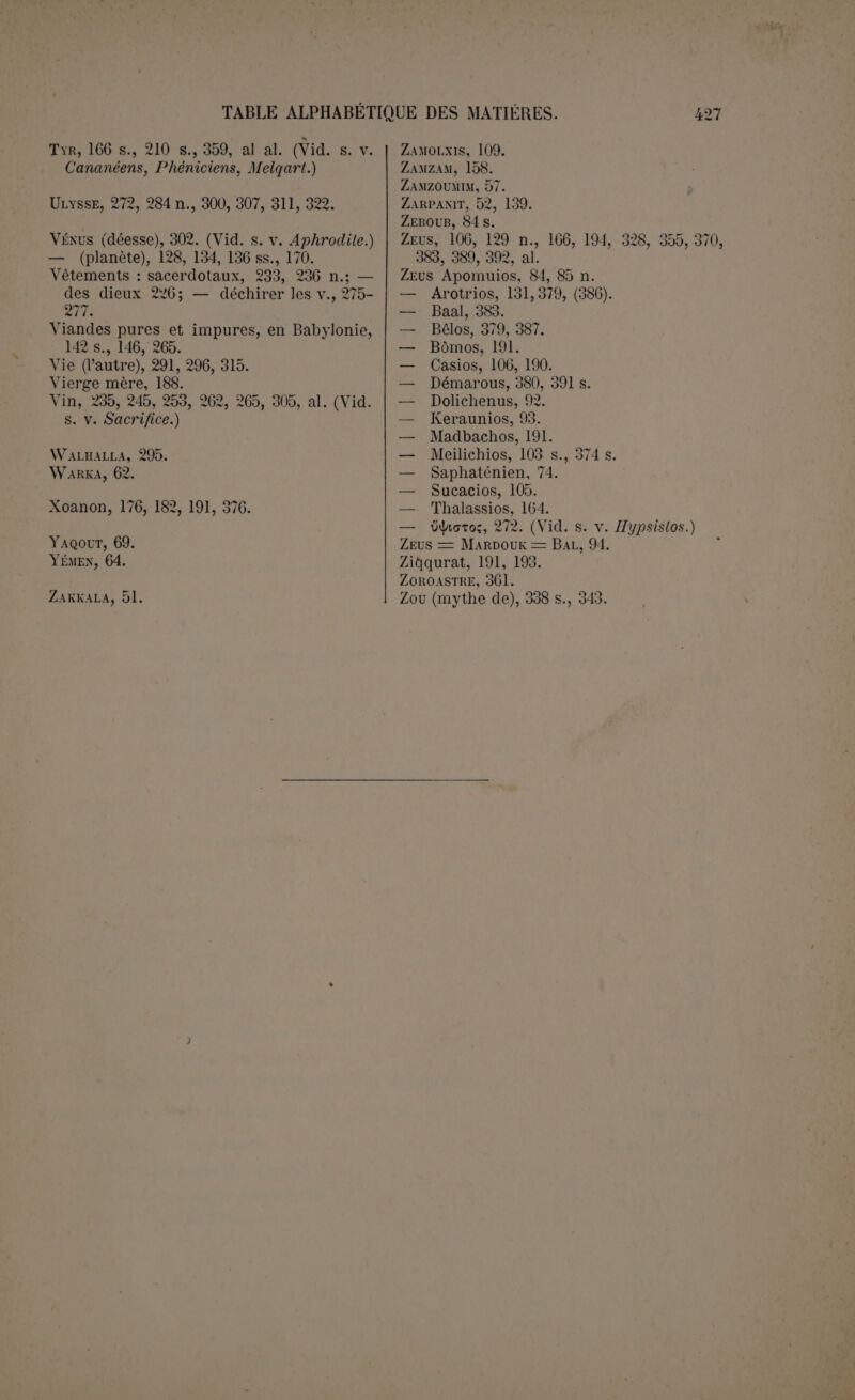 TABLE DES MATIERES rages. Dédicace vu Avant-propos îx Bibliographie xi Introduction. Les origines de la religion et de la mythologie. . . . , 1 Chapitre Ier. — Les Sémites 41-69 Chapitre II. — Les dieux 70-118 § 1. — El, le dieu commun, primitif et très probablement unique des Sé- mites 70 § 2. — Baal, dieu maître et seigneur 83 § 3. — Mélek, Milk, Molék, Dieu le roi 99 g 4. — Dieu, Père ou Parent 109 Chapitre III. — Les déesses : Acheva et Astartë 119-139 Chapitre IV. — Sainteté et Impureté 140-157 Chapitre V. — Les choses sacrées 158-213 g 1. — Les eaux sacrées '. 158 g 2. — Les arbres sacrés 168 g 3. — L’enceinte sacrée 179 g 4. — Les pierres sacrées 187 Pierres sacrées, dites Bëtyles 187 Stèles et Cippes 19‘5 Colonnes, Piliers, Khammanim 207 Chapitre VI. — Les personnes consacrées 214-243 g 1. — Personnel du culte 214 g 2. — Consécration personnelle ; la circoncision 239 Chapitre Vil. — Le sacrifice. — Idée générale 244-268 Chapitre VIII. — Les morts 269-296 g 1. — Les noms des morts 270 g 2. — Les usages funéraires 275 g 3. — La sépulture 281