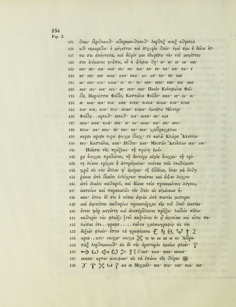 Pap. 2. 125 -S-aju,' ß^id-iauod“ aße^afXEvSwovd ava^ »i-S-^eAuo 126 u)& vejxa^eßa- o ixiyitXTog Kai io'x,v^og &£og‘ iyu et/M o ^tlva bV' 127 rig (TOI ä.7:v\vrv\Ta, Kai Sw^ov fxoi e^w^i^Tw r^v tov ixEyiTTOv 128 (TOV ovoixarog yvwTiv, oii v\ -^/ricpog 3'^' lo' iyi' t£* ta* tavj* 129 *ao' ivja- u»a' tev ir,f v\ia' ea* e>)- >)«• wvj' vjoü’ e 130 Yi$’ eevj- yise- aaw coea' eaw oor coe- ijw £>]• eae 131 ttf 000' VW' WWW' iv' SV' ov' vjea' ivjea' sas' sia' lais' 132 lyja' lov' iws' iwv lY}' iriiYj' «>;«£• Ilatav Ko?^o(f)wvis ^o7- 133 ße, lia^vi^TTiE io7ßs, KaTTCtXie iolße' iY\ea' iv\' iw' iv 134 i£* iwa' lYja' sva' w£U' £vt]a' £V£va' £vwa' £vi£' £wii£ 135 £U£’ £VVI. £Vl£' £VW' l£Va£' EVYjUE' VfJLViJTW MevTO^I 136 ^o'ißti).. a^£w3' ia£w3’ wa' iwria' «£• owe 137 aviw' wYja' v\wa' avjE' ie' iw' iwiw' t£a' lErj' ieov 138 £0uw aa' ayjw ££• eyiv’ rjyi' EVja' %aß^a%<pXiEg 139 KYi^cpi k^ocJh vv^w (pwy^w ßw%' te KaXw KXd^iE ^AttoAAov 140 eyiv' KaTrdXiE, avja' Ili;'S-t£* wa£' ^ovtwv ’ATroAAwi/ iew' wei' 141 Ilo{r,Tig Tvig Tr^d^Ewg' rij tt^wt^ ^ij.e- 142 ovv%ag it^oßdrov, Sevte^u aiyog ovv%ag' t^I~ 143 TYi ?\.VK0V r^l%ag ^ aTT^dyaÄov' rovrcig Toig im3v'i/.aTi 144 %^w Eig Tag aÄÄag y i^jue^a?* rj) Eß^ofJiYi, orav ju^ £X3yi 145 ^d.Kog diro ßialov evXv%viov Troi^Tag Kai d\pov ?\.v%vov 146 dirb sKaiov Ka3a^ov, Kai ^i'wke rovg Tr^oKEijUEi'ovg Äoyovg, 147 iKETEVwv Kai Tra^aKUAwv tov 3eov Eig EVjJiEVEiav y\- 148 KEiV' ETTW ^E TOI 0 TOTTog dyvog aTTO iravTog fxvTE^ov 149 nai dyvEVTag Ka3a^lwg TT^OKaTa^yjsv Tv\g tov 3eov iKETiag- 150 ETTtv yd^ fjLEyiTTYj Kal dvvTTE^ßXYiTog TT^d^ig' Xaßw-v ir^Aoi/ 151 Ka&a^ov Tag ^Äid[g [rcü Koi]Twvog iv w dyvEvEig kui ovtw tt»)- 152 AwVa$ im .. y^a<pE TavTU %a?\.Kwy^a(f)tw Eig t^v 153 Be^iüv (p'kidv' ETTiv Ta y^a^ofjiEva ^ j 2. 154 a^oa..wTi' vov%a' vov%a ^ vji Vji la ta i£ vjv '‘kß^a- 155 Ta^ XE^3aiJUvw3' Eig t^v d^iTTE^dv o/xoiwg <pkidv' 'J' 156 CO ^ &3 > ;!:l II iwE' viwu' riiEa' laiaiE' 157 laiYiEU' a^Tov Kvovcpiav' Eig tu ijrdvw Tvig 3v^ag 158 T T 2^ ^ f aa ££