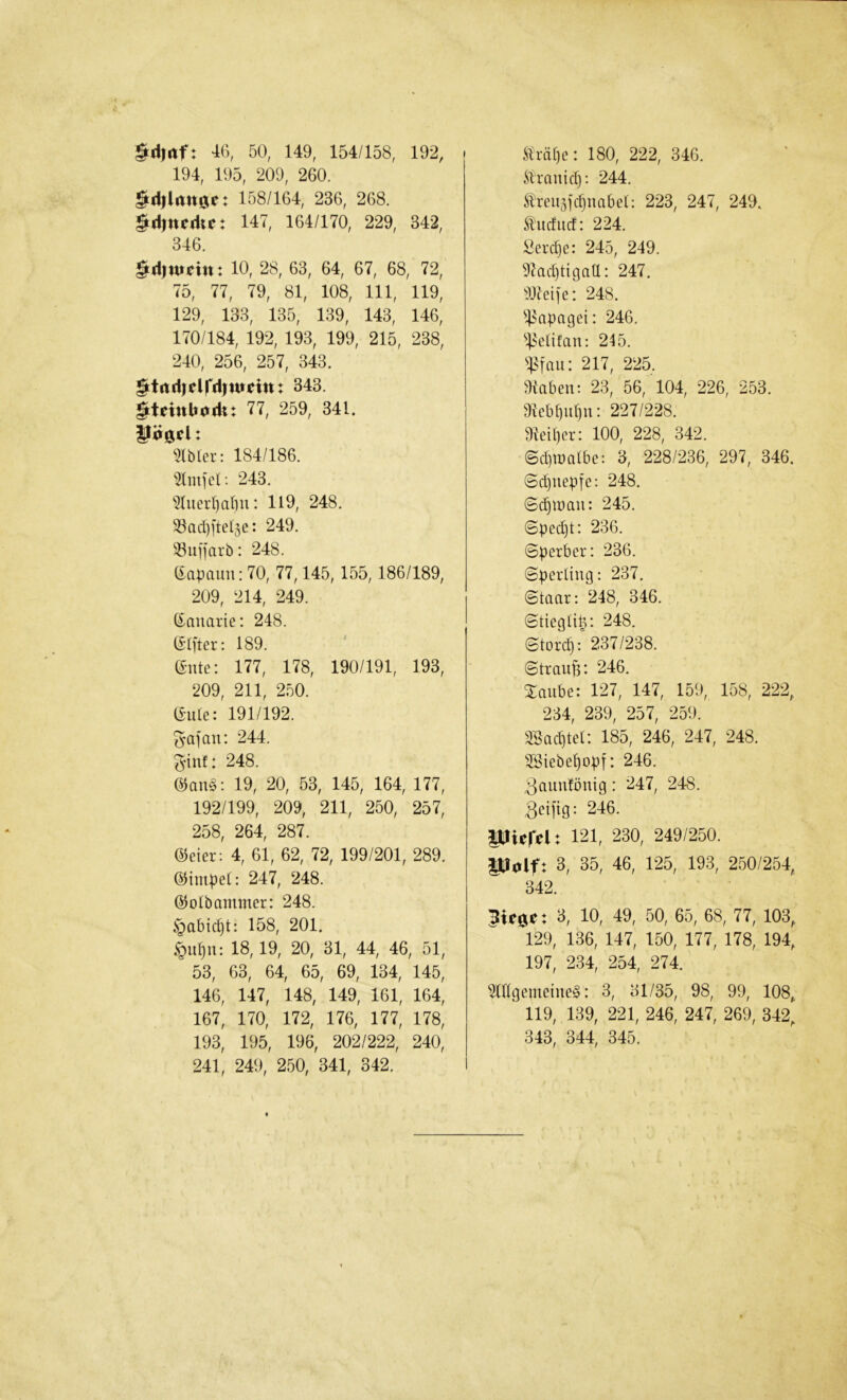 gdirtf: 4(), 50, 149, 154/158, 192, . 194, 195, 209, 260. §d|lrtuöic: 158/164, 236, 268. gdincdu*: 147, 164/170, 229, 342, 346. §d)Utcin: 10, 28, 63, 64, 67, 68, 72, 75, 77, 79, 81, 108, 111, 119, 129, 133, 135, 139, 143, 146, 170/184, 192, 193, 199, 215, 238, 240, 256, 257, 343. gtrtd)cird)tucin: 343. gtrinbodi: 77, 259, 341. 5lb(er: 184/186. 3lmid: 243. ^}(uer()a5n: 119, 248. 33ad)[tel5e: 249. ^^ujfarb: 248. (iapauii: 70, 77,145, 155,186/189, 209, 214, 249. (i^aiiarie: 248. (SO’ter: 189. Gute: 177, 178, 190/191, 193, 209, 211, 250. Gide: 191/192. 5afan: 244. 5inf: 248. Gan§: 19, 20, 53, 145, 164, 177, 192/199, 209, 211, 250, 257, 258, 264, 287. Geier : 4, 61, 62, 72, 199/201, 289. Giml»ei: 247, 248. Gotbammer: 248. §abid}t: 158, 201. 18,19, 20, 31, 44, 46, 51, 53, 63, 64, 65, 69, 134, 145, 146, 147, 148, 149, 161, 164, 167, 170, 172, 176, 177, 178, 193, 195, 196, 202/222, 240, 241, 249, 250, 341, 342. träfje: 180, 222, 346. itraiüd); 244. Äreujfc^nabel: 223, 247, 249. Ädicfucf: 224. :öerd}e: 245, 249. 9?ad)tigatl: 247. 91feije: 248. ^4^apagei: 246. ^4-^eÜfan: 245. %s\an: 217, 225. maben: 23, 56, 104, 226, 253. 9ieb[)u^n: 227/228. 91eU)er: 100, 228, 342. (5d)iüa(be: 3, 228/236, 297, 346. ©d)uep[e: 248. ©(^Wan: 245. ©ped)t: 236. ©perber: 236. ©perling: 237. ©taar: 248, 346. ©tiegüp: 248. ©tord): 237/238. ©traiiB: 246. Saube: 127, 147, 159, 158, 222, 234, 239, 257, 259. 3Sad)te(: 185, 246, 247, 248. 'jföiebepopf: 246. 3auufönig: 247, 248. Seifig: 246. Piefel: 121, 230, 249/250. Palf: 3, 35, 46, 125, 193, 250/254, 342. 10, 49, 50, 65, 68, 77, 103„ 129, 136, 147, 150, 177, 178, 194, 197, 234, 254, 274. Mgemeine»: 3, 31/35, 98, 99, 108, 119, 139, 221, 246, 247, 269, 342, 343, 344, 345.