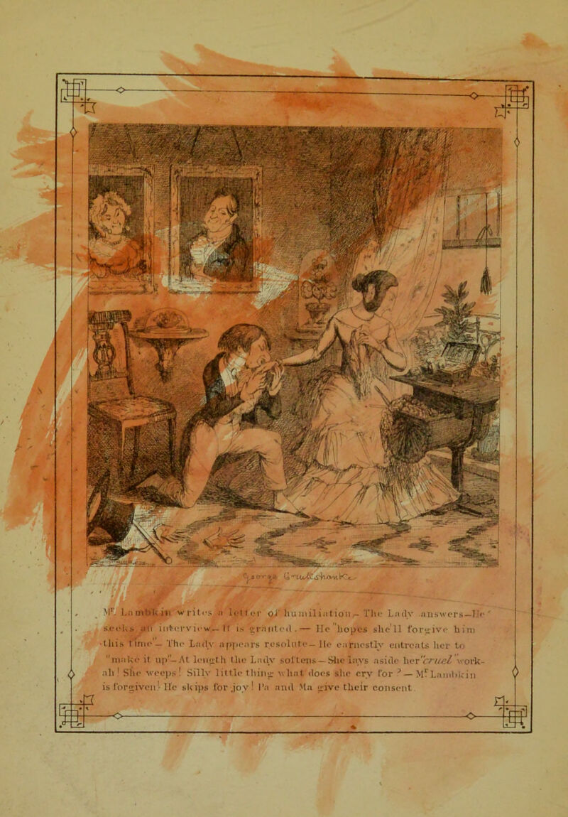 ' : / J* V 'I1. Ln m!»l< m w rit cs s.eoks 4H1 interview., •this nnu‘ - The Lady (a s-hfm K't - ;i Idler oi‘ humiliation- The Ladv answers—I)' ■ I! is granted.— He hopes shell forgive him appears resolute- He earnestly entreats her to make it up—At length the La dv soft on s — She lavs aside her cruel work- all! She weeps! Silly little thing vlint does she erv for ? —Lamlikin is lor given.-He skips lor,joy! l\a and Ma give their consent fli