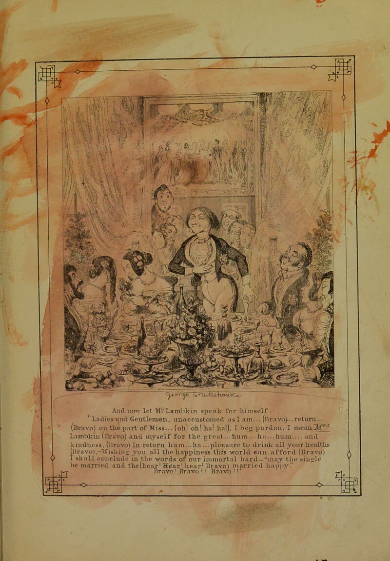 f And now let MV Laml>kin speak for himself. Ladies find Gentlemen, unaccustomed asl am... (Bravo)..return -- (Bravo) on the part of Miss... (oh' oh! ha! lial), I beg pardon, I mcan34T^ Lambkin (Bravo) and myself for the great... hum... ha... hum—and kindness, (llravo) In return hu m...ha ...pleasure to drink nil your healths (Bravo),-'Wishing you all the happiness this world can afford (Bravo) I shall conclude in the words of our immortal bard—may the single be married and tl\c(hcar! Hear! hear' Bravo) married happy. Bravo 1 Bravo < > Bravo J1 \