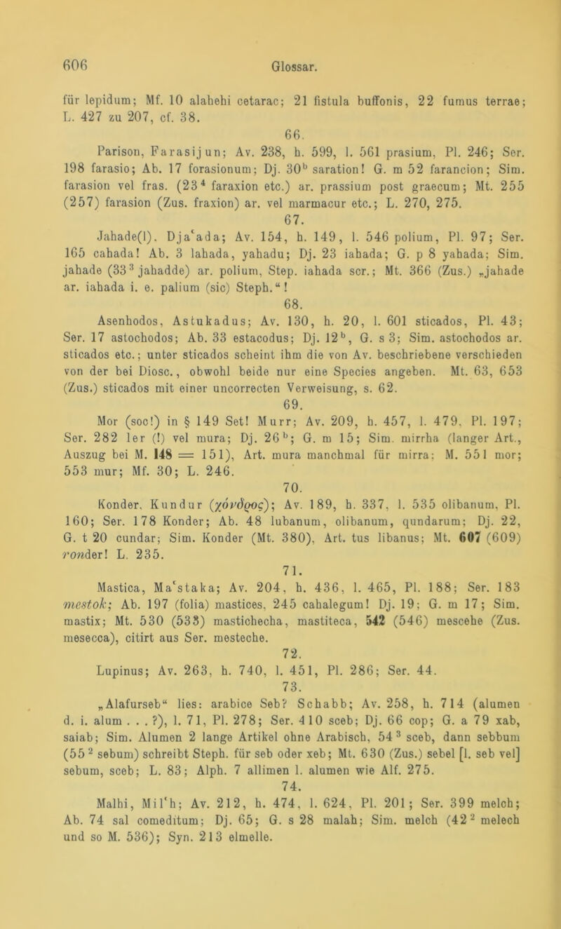 für lepidum; Mf. 10 alahehi cetarac; 21 fistula buffonis, 22 fumus terrae; L. 427 zu 207, cf. 38. 66. Parison, Farasijun; Av. 238, h. 599, 1. 561 prasium, PI. 246; Ser. 198 farasio; Ab. 17 forasionum; Dj. 30b saration! G. ra 52 farancion; Sim. farasion vel fräs. (234 faraxion etc.) ar. prassium post graecum; Mt. 255 (257) farasion (Zus. fraxion) ar. vel marmacur etc.; L. 270, 275. 67. Jahade(l). Dja'ada; Av. 154, h. 149, 1. 546 polium, PI. 97; Ser. 165 cahada! Ab. 3 lahada, yahadu; Dj. 23 iabada; G. p 8 yabada; Sim. jabade (333 jabadde) ar. polium, Step, iahada scr.; Mt. 366 (Zus.) „jahade ar. iabada i. e. palium (sic) Steph.“! 68. Asenbodos, Astukadus; Av. 130, b. 20, 1. 601 sticados, PI. 43; Ser. 17 astocbodos; Ab. 33 estacodus; Dj. I2b, G. s 3; Sim. astochodos ar. sticados etc.; unter sticados scheint ihm die von Av. beschriebene verschieden von der bei Diosc., obwohl beide nur eine Species angeben. Mt. 63, 653 (Zus.) sticados mit einer uncorrecten Verweisung, s. 62. 69. Mor (soc!) in § 149 Set! Murr; Av. 209, h. 457, 1. 479. PI. 197; Ser. 282 1er (!) vel mura; Dj. 26 b; G. m 15; Sim. mirrha (langer Art., Auszug bei M. 148 = 151), Art. mura manchmal für mirra: M. 551 mor; 553 mur; Mf. 30; L. 246. 70. Konder, Kundur (/o^d'poc); Av. 189, h. 337, 1. 535 olibanum, PI. 160; Ser. 178 Konder; Ab. 48 lubanum, olibanum, qundarum; Dj. 22, G. t 20 cundar; Sim. Konder (Mt. 380), Art. tus libanus; Mt. 607 (609) ?*o»der! L. 235. 71. Mastica, Ma'staka; Av. 204, h. 436, 1. 465, PI. 188; Ser. 183 mcstok; Ab. 197 (folia) mastices. 245 cahalegum! Dj. 19; G. m 17; Sim. mastix; Mt. 530 (533) mastichecha, mastiteca, 542 (546) mescehe (Zus. mesecca), citirt aus Ser. mesteche. 72. Lupinus; Av. 263, h. 740, 1. 451, PI. 286; Ser. 44. 73. „Alafurseb“ lies: arabice Seb? Schabb; Av. 258, h. 714 (alumen d. i. alum ...?), 1. 71, PI. 278; Ser. 4 10 sceb; Dj. 66 cop; G. a 79 xab, saiab; Sim. Alumen 2 lange Artikel ohne Arabisch, 54 3 sceb, dann sebbum (552 sebum) schreibt Steph. für seb oder xeb; Mt. 630 (Zus.) sebel [1. seb vel] sebum, sceb; L. 83; Alph. 7 allimen 1. alumen wie Alf. 275. 74. Malhi, Mil'h; Av. 212, h. 474. 1. 624, PI. 201; Ser. 399 melch; Ab. 74 sal comeditum; Dj. 65; G. s 28 malah; Sim. melch (422 melech und so M. 536); Syn. 213 elmelle.