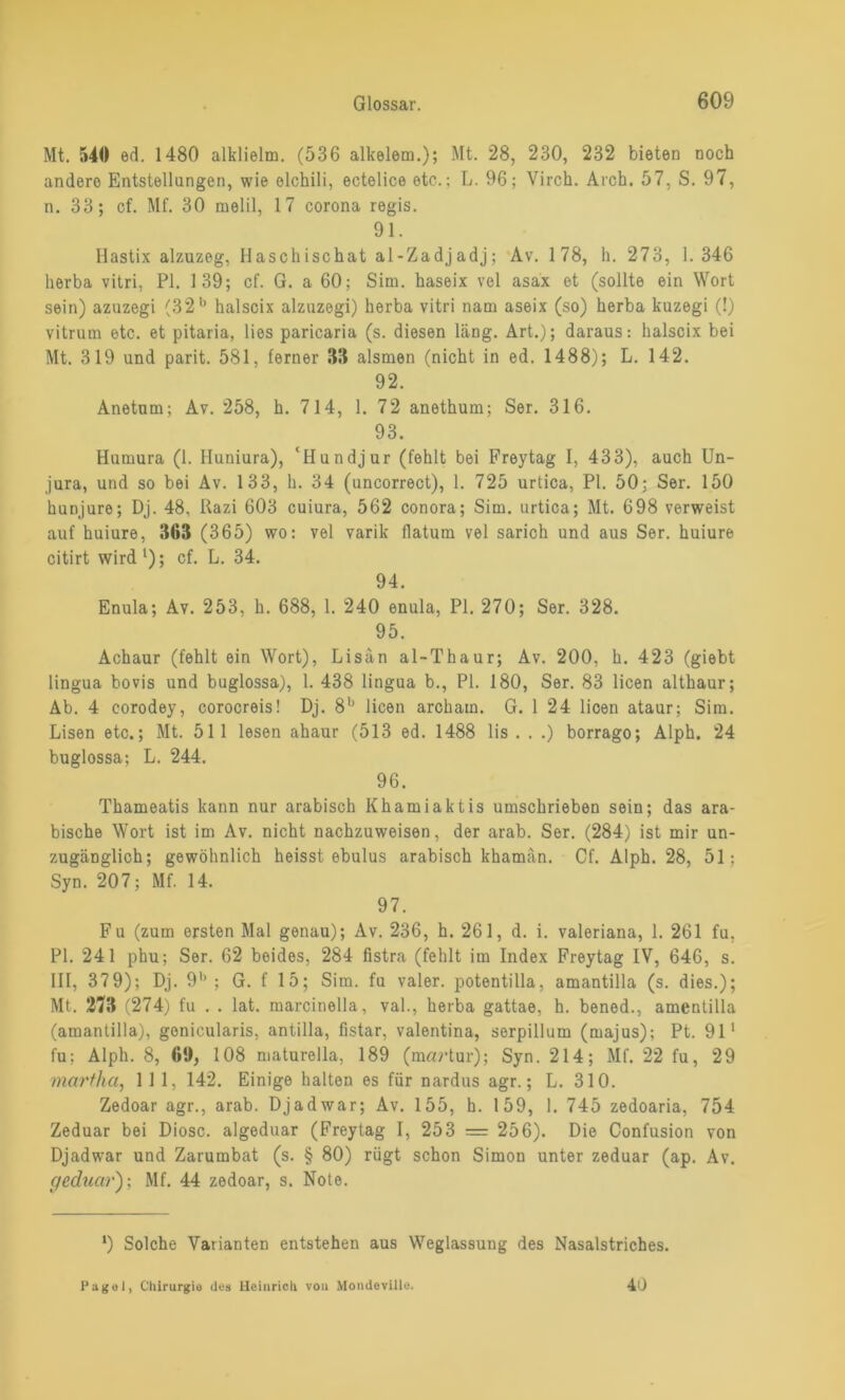 Mt. 540 ed. 1480 alklielm. (536 alkelem.); Mt. 28, 230, 232 bieten noch andere Entstellungen, wie olchili, ectelice etc.: L. 96; Virch. Arch. 57, S. 97, n. 33; cf. Mf. 30 melil, 17 corona regis. 91. llastix alzuzeg, Haschischat al-Zadjadj; Av. 178, h. 273, 1.346 lierba vitri, PI. 139; cf. G. a 60; Sim. haseix vel asax et (sollte ein Wort sein) azuzegi (32 b halscix alzuzegi) herba vitri nam aseix (so) herba kuzegi (!) vitrum etc. et pitaria, lies paricaria (s. diesen läng. Art.); daraus: halscix bei Mt. 319 und parit. 581, ferner BB alsmen (nicht in ed. 1488); L. 142. 92. Anetum; Av. 258, h. 714, 1. 72 anethum; Ser. 316. 93. Humura (1. Huniura), ‘Hundjur (fehlt bei Freytag I, 433), auch Un- jura, und so bei Av. 133, h. 34 (uncorrect), 1. 725 urtica, PI. 50; Ser. 150 hunjure; Dj. 48, Razi 603 cuiura, 562 conora; Sim. urtica; Mt. 698 verweist auf huiure, B63 (365) wo: vel varik flatum vel sarich und aus Ser. huiure citirt wird l); cf. L. 34. 94. Enula; Av. 253, h. 688, 1. 240 enula, PI. 270; Ser. 328. 95. Achaur (fehlt ein Wort), Lisän al-Thaur; Av. 200, h. 423 (giebt lingua bovis und buglossa), 1. 438 lingua b., PI. 180, Ser. 83 licen althaur; Ab. 4 corodey, corocreis! Dj. 81' licen archain. G. 1 24 licen ataur; Sim. Lisen etc.; Mt. 511 lesen ahaur (513 ed. 1488 lis . . .) borrago; Alph. 24 buglossa; L. 244. 96. Thameatis kann nur arabisch Khamiaktis umschrieben sein; das ara- bische Wort ist im Av. nicht nachzuweisen, der arab. Ser. (284) ist mir un- zugänglich; gewöhnlich heisst ebulus arabisch khamän. Cf. Alph. 28, 51; Syn. 207; Mf. 14. 97. Fu (zum ersten Mal genau); Av. 236, h. 261, d. i. valeriana, 1. 261 fu, PI. 241 phu; Ser. 62 beides, 284 fistra (fehlt im Index Freytag IV, 646, s. III, 37 9); Dj. 9b ; G. f 15; Sim. fu valer. potentilla, amantilla (s. dies.); Mt. 273 (274) fu . . lat. marcinella, val., herba gattae, h. bened., amentilla (amantilla), gonicularis, antilla, fistar, valentina, serpillum (majus); Pt. 911 fu; Alph. 8, 00, 108 maturella, 189 (m«rtur); Syn. 214; Mf. 22 fu, 29 martha, 111, 142. Einige halten es für nardus agr.; L. 310. Zedoar agr., arab. Djadwar; Av. 155, h. 159, 1. 745 zedoaria, 754 Zeduar bei Diosc. algeduar (Freytag I, 253 = 256). Die Confusion von Djadwar und Zarumbat (s. § 80) rügt schon Simon unter zeduar (ap. Av. geduar); Mf. 44 zedoar, s. Note. *) Solche Vatianten entstehen aus Weglassung des Nasalstriches. Pagol, Chirurgie des Heinrich vou Mondeville. 40