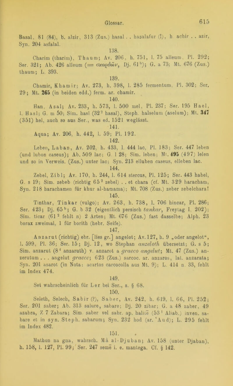Basal, 81 (84), b. alzir, 313 (Zus.) hasal . . hasalafur (!), h achir . . azir, Syn. 204 asfalal. 138. Charim (tharim), Thaum; Av. 206, h. 751, 1. 75 alleuni. PI. 292; Ser. 321; Ab. 426 alleum (= nxo^dcoi', Dj. 61b); G. a 73; Ml. 676 (Zus.) thaum; L. 393. 139. Chamir, Khamir; Av. 273, h. 398, 1. 285 fermentum, PI. 302; Ser. 29; Mt. 265 (in beiden edd.) ferm. ar. chamir. 140. Han, Asal; Av. 233, h. 573, 1. 500 mel, PI. 237; Ser. 195 Hael, 1. Hasl; G. m 50; Sim. hasl (322 hasal), Steph. halselum (aselum); Mt. 347 (351) hei, auch so aus Ser., was ed. 1521 weglässt. 141. Aqua; Av. 206. h. 442, 1. 59; PI. 192. 142. Leben, Laban, Av. 202, h. 433, 1. 444 lac, Pl. 183; Ser. 447 leben (und lubon caseus); Ab. 509 lac; G 1 28; Sim. leben; Mt. 495 (497) leien und so in Verweis. (Zus.) unter lac; Syn. 213 elluben caseus, eileben lac. 144. Zebel, Zibl; Av. 170, h. 244, 1. 614 stercus, Pl. 125; Ser. 443 habel, G. s 19; Sim. zebeb (richtig 65 2 zebel) . . et chara (cf. Mt. 329 haracham, Syn. 218 harachamen für khur al-hamama); Mt. 708 (Zus.) zeber zebelchara! 145. Tinthar, Tinkar (vulgo); Av. 263, h. 738, 1. 706 hincar, PL 286; Ser. 423; Dj. 65b; G. b 32 (eigentlich persisch tanknr, Freytag I, 202); Sim. ticar (61 2 fehlt n) 2 Arten; Mt. 676 (Zus.) fast dasselbe; Alph. 23 borax zweimal, 1 für borith (hebr. Seife). 147. Anzarut (richtig) ebr. [lies gr.] angelot; Av. 127, h. 9 „oder angelot“, 1. 599, PL 36; Ser. 15; Dj. 12, wo Stephan cmzdofh übersetzt; G. s 5; Sim. anzarut (84 anzaruth) v. anzarot a graeco angehet-, Mt. 47 (Zus.) an- zerutum . . . angelut graece; 623 (Zus.) sarcoc. ar. anzaros, lat. anzarata; Syn. 201 asarot (in Nota: acartos carcocolla aus Mt. 9); L. 414 n. 33, fehlt im Index 474. 149. Set wahrscheinlich für Ler bei Ser., s. § 68. 150. Seleth, Selech, Sabir (?), Saber, Av. 242, h. 619, 1. 66, PL 252; Ser. 201 saber; Ab. 313 salure, sabare; Dj. 20 zibar; G. a 48 zaber, 49 azabra, Z 7 Zabara; Sim saber vel sabr. ap. halile (53 1 Aliab.) inven. sa- bare et in syn. Steph. sabarum; Syn. 232 hod (ar. ‘And); L. 295 fehlt im Index 482. 151. Mathon na gna, wahrsch. Mä al-Djuban; Av. 158 (unter Djabau), h. 158, 1. 127, PL 99; Ser. 247 seine i. e. mantega. Cf. § 142.