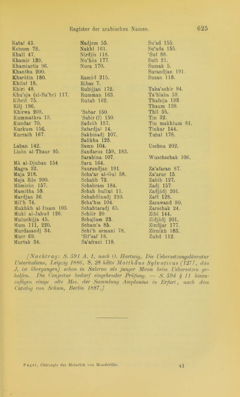 Kataf 43. Nadjem 55. Su'ad 155. Keisum 78. Nakhl 161. Su'ada 155. Khall 47. Nirdjis 118. ‘Suf 88. Khamir 139. Nu‘häs 177. Sult 21. Khamiactis 96. Nura 170. Sumak 5. Khantha 200. Surandjan 191. Kharätin 180. Ramad 215. Susan 118. Khilaf 18. Ribas 7. Khiri 48. Rubijjan 172. Taba‘schir 84. Khu‘sja (al-Balhr) 117. Rumman 163. Ta'hlaba 59. Kibrit 75. Rutab 162. Thafsija 193 Kilj 196. Thaum 138. Khirwa 209. ‘Sabar 150. Thil 55. Kummathra 13. ‘Sabir (?) 150. Tin 32. Kundar 70. Sadsäb 1S7. Tin makhtum 81. Kurkura 156. Safardjal 14. Tinkar 144. Kurrath 167. Sakbinadj 107. Salikha 123. Tubal 178. Laban 142. Samn 104. Uschna 202. Lisän al-Thaur 95. Sandarus 159, 183. Sarabina 107. Wuschschak 106. Mä al-Djuban 154 Saru 164. Magra 32. Saurandjan 191. Za'afaran 87. Maja 218. Scha‘ar al-Gul 58. Za‘arur 15. Maja Ras 200. Schabb 73. Zabib 127. Mamirän 157. Schabram 184. Zadj 157. Mamitha 53 Schah bullut 11. Zadjädj 201. Mardjan 36. Mil'h 74. Schahdanadj 210. Scha‘hm 104. Zaft 128. Zarawand 80. Mukhkh al-Itsam 105. Schahtaradj 65. Zarschak 24. Mukl al-Jahud 126. Schäir 20. Zibl 144. Muluchijja 45. Schajlam 23. Schara'a 85. Zidjadj 201. Mum 111, 220. Zindjar 177. Murdasandj 34. Schi‘h armani 78. Zirnikh 183. Murr 69. ‘Sif'saf 18. Zubd 112. Murtak 34. Sa‘afrani 118. [Nachtrag: S. 591 A. 1, nach 0. Hartwig, Die UeherSetzungsliteratur [Interitaliens, Leipzig 1880, S. 28 hätte Matthäus Sylvaticus (1277, das J. ist übergangen) schon in Salerno als junger Mann heim Feber setzen ge- holfen. Die Conjectur bedarf eingehender Prüfung. — S. 594 §11 hinzu- zufügen einige alte Mss. der Sammlung Amplonius in Erfurt, nach dem Fatalog von Schum, Berlin 1887.] Hagel, Chirurgie des Heinrich von MoiuleviUe. 41