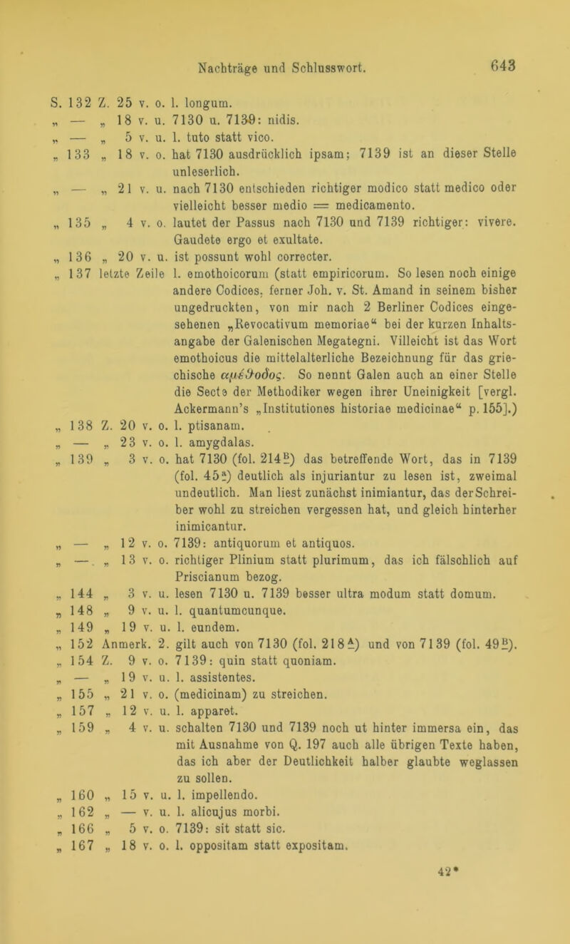 137 letzte Zeile 138 Z. 20 v. o. — „ 23 v. o. 139 „ 3 v. o. 132 Z. 25 v. o. 1. longurn. — „ 18 v. u. 7130 u. 7139: nidis. — „ 5 v. u. 1. tuto statt vico. 133 „ 18 v. o. hat 7130 ausdrücklich ipsam; 7139 ist an dieser Stelle unleserlich. — „21 v. u. nach 7130 entschieden richtiger modico statt medico oder vielleicht besser medio = medicamento. 135 „ 4 v. o. lautet der Passus nach 7130 und 7139 richtiger: vivere. Gaudete ergo et exultate. 136 „ 20 v. u. ist possunt wohl correcter. 1. emothoicorum (statt empiricorum. So lesen noch einige andere Codices, ferner Joh. v. St. Amand in seinem bisher ungedruckten, von mir nach 2 Berliner Codices einge- seheuen „Revocativum memoriae“ bei der kurzen Inhalts- angabe der Galenischen Megategni. Villeicht ist das Wort emothoicus die mittelalterliche Bezeichnung für das grie- chische aftefrodog. So nennt Galen auch an einer Stelle die Secte der Methodiker wegen ihrer Uneinigkeit [vergl. Ackermanu’s „Institutiones historiae medicinae“ p. 155].) 1. ptisanam. 1. amygdalas. hat 7130 (fol. 214“) das betreffende Wort, das in 7139 (fol. 45?) deutlich als injuriantur zu lesen ist, zweimal undeutlich. Man liest zunächst inimiantur, das derSchrei- ber wohl zu streichen vergessen hat, und gleich hinterher inimicantur. 7139: antiquorum et antiquos. richtiger Plinium statt plurimum, das ich fälschlich auf Priscianum bezog. lesen 7130 u. 7139 besser ultra modum statt domum. 1. quantumcunque. 1. eundem. gilt auch von 7130 (fol. 2181) und von 7139 (fol. 49“). 7139: quin statt quoniam. 1. assistentes. (medicinam) zu streichen. 1. apparet. schalten 7130 und 7139 noch ut hinter immersa ein, das mit Ausnahme von Q. 197 auch alle übrigen Texte haben, das ich aber der Deutlichkeit halber glaubte weglassen zu sollen. 1. impellendo. 1. alicujus morbi. 7139: sit statt sic. 1. oppositam statt expositam. — „ 12 v. o. — „ 1 3 v. o. 144 „ 3 v. u. 148 „ 9 v. u. 149 „ 19 v. u. 152 Anmerk. 2. 1 54 Z. 9 v. o. — „ 19 v. u. 155 „ 21 v. o. 157 „ 12 v. u. 159 „ 4 v. u. 160 „ 15 v. u 162 „ — v. u. 166 „ 5 v. o. 167 „ 18 v. o. 42*