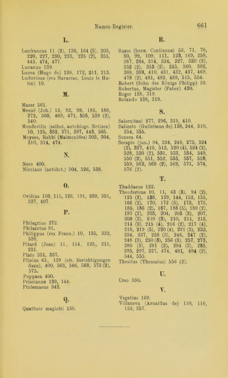 L. R, Lanfrancus 11 (2), 138, 164 (3), 203, 220, 227, 230, 233, 235 (2), 355, 445, 474, 477. Lucanus 139. Lucca (Hugo de) 138, 172, 211, 213. Ludovicus (rex Navarrae, Louis le Hu- tin) 10. M. Macer 561. Mesue (Job.) 13, 82, 99, 185, 188, 272, 360, 469, 471, 505, 539 (2), 540. Mondeville (selbst, autobiogr. Notizen) 10, 125, 332, 371, 397, 443, 505. Moyses, Rabbi (Maimonides) 303, 304, 310, 314, 474. N. Nero 400. Nicolaus (antidot.) 304, 526, 538. 0. Ovidius 109, 115, 126, 191, 209, 331, 337, 407. P. Philagrius 272. Philaretus 91. Philippus (rex Franx.) 10, 135, 332, 538. Pitard (Jean) 11, 114, 125, 211, 231. Plato 331, 337. Plinius 65, 139 (cfr. Berichtigungen dazu), 400, 563, 566, 568, 573 (2), 575. Poppaea 400. Priscianus 139, 144. Ptolomaeus 342. Quattuor magistri 138. Razes (bezw. Continens) 53, 71, 78, 80, 99, 109, 111, 123, 169, 258, 267, 284, 314, 324, 327, 330 (2), 352 (2), 353 (2), 355, 360, 382, 388, 389, 410, 431, 432, 437, 469, 478 (2), 481, 482, 489, 515, 554. Robert (Sohn des Königs Philipp) 10. Robertus, Magister (Faber) 420. Roger 138, 319. Rolando 138, 319. s. Salernitani 277, 296, 319, 410. Saliceto (Guilelmus de) 138, 244, 310, 354, 355. ScncCcL 64# Serapio (jun.) 94, 224, 249, 273, 324 (2), 327, 410, 513, 520(4), 524(2), 528, 530 (2), 531, 533, 534, 549, 550 (2), 551, 552, 555, 557, 558, 559, 562, 568 (2), 569, 571, 574, 576 (2). T. Thaddaeus 122. Theodericus 10, 11, 63 (3), 94 (2), 125 (2), 138, 139, 144, 152, 155, 166 (2), 170, 172 (3), 173, 175, 185, 186 (2), 187, 188 (5), 189 (2), 193 (2), 203, 204, 205 (2), 207, 208 (3), 209 (3), 210, 211, 213, 214 (3), 215 (4), 216 (2), 217 (4), 218, 219 (5), 220 (4), 221 (3), 233, 234, 237, 238 (3), 246, 247 (2), 248 (3), 250 (3), 256 (3), 257, 273, 280 (3), 281 (2), 284 (3), 285, 295, 297, 327, 474, 481, 494 (2), 544, 555. Thesilus (Thessalus) 556 (2). ü. Urso 330. y. Vegetius 169. Villanova (Arnaldus de) 110, 116, 153, 357.