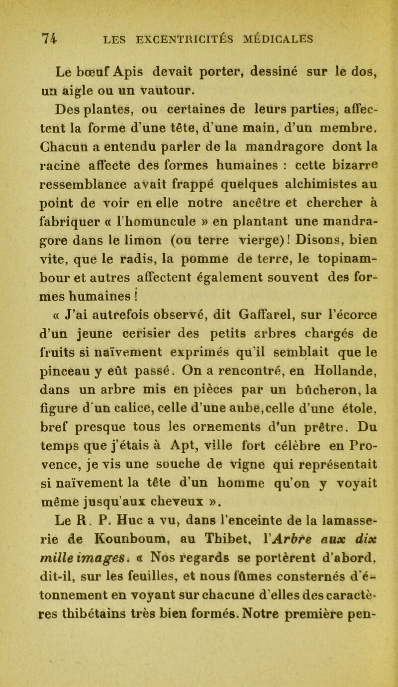 Le bœuf Apis devait porter, dessiné sur le dos, un aigle ou un vautour. Des plantes, ou certaines de leurs parties, affec- tent la forme d'une tête, d’une main, d’un membre. Chacun a entendu parler de la mandragore dont la racine affecte des formes humaines : cette bizarre ressemblance avait frappé quelques alchimistes au point de voir en elle notre ancêtre et chercher à fabriquer « l’homuncule » en plantant une mandra- gore dans le limon (ou terre vierge)! Disons, bien vite, que le radis, la pomme de terre, le topinam- bour et autres affectent également souvent des for- mes humaines ! « J’ai autrefois observé, dit Gaffarel, sur l’écorce d’un jeune cerisier des petits arbres chargés de fruits si naïvement exprimés qu’il semblait que le pinceau y eût passé. On a rencontré, en Hollande, dans un arbre mis en pièces par un bûcheron, la figure d’un calice, celle d’une aube,celle d’une étole, bref presque tous les ornements d’un prêtre. Du temps que j’étais à Apt, ville fort célèbre en Pro- vence, je vis une souche de vigne qui représentait si naïvement la tête d'un homme qu’on y voyait même jusqu’aux cheveux ». Le R. P. Hue a vu, dans l’enceinte de la lamasse- rie de Kounboum, au Thibet, l'Arbre aux dix mille images, « Nos regards se portèrent d’abord, dit-il, sur les feuilles, et nous fûmes consternés d’é- tonnement en voyant sur chacune d’elles des caractè- res thibétains très bien formés. Notre première pen-