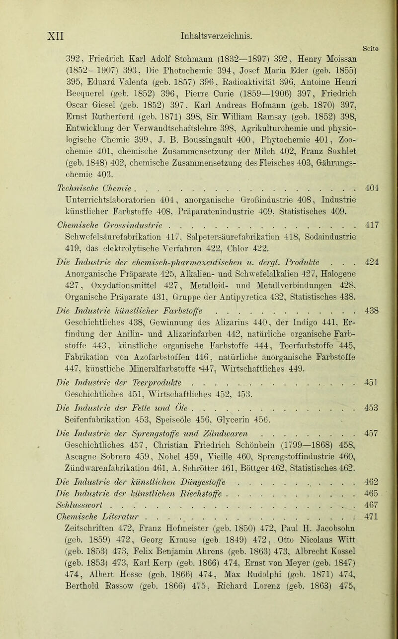 Seite 392, Friedrich Karl Adolf Stohmann (1832—1897) 392, Henry Moissan (1852—1907) 393, Die Photochemie 394, Josef Maria Eder (geh. 1855) 395, Eduard Valenta (geh. 1857) 396, Eadioaktivität 396, Antoine Henri Becquerel igeh. 1852) 396, Pierre Curie (1859—1906) 397, Friedrich Oscar Giesel (geh. 1852) 397, Karl Andreas Hofmann (geh. 1870) 397, Ernst Rutherford (geh. 1871) 398, Sir William Ramsay (geh. 1852) 398, Entwicklung der Verwandtschaftslehre 398, Agrikulturchemie und physio- logische Chemie 399, J. B. Boussingault 400, Phytochemie 401, Zoo- chemie dOl, chemische Zusammensetzung der Milch 402, Franz Soxhlet (geh. 1848) 402, chemische Zusammensetzung des Fleisches 403, Gähmngs- chemie 403. Technische Chemie 404 Unterrichtslaboratorien 404, anorganische Großindustrie 408, Industrie künstlicher Farbstoffe 408, Präparatenindustrie 409, Statistisches 409. Chemische Orossindnstrie 417 Sehwefelsäurefabrikation 417, Salpetersäurefabrikation 418, Sodaindustrie 419, das elektrolytische Verfahren 422, Chlor 422. Die Industrie der chemisch-fharmaxeidischen u. dergl. Produkte . . . 424 Anorganische Präparate 425, Alkalien- und Schwefelalkalien 427, Halogene 427, Oxydationsmittel 427, Metalloid- und Metallverbindungen 428, Organische Präparate 431, Gruppe der Antipyretica 432, Statistisches 438. Die Industrie künstlicher Farbstoffe 438 Geschichtliches 438, Gewinnung des Alizarins 440, der Indigo 441, Er- findung der Anilin- und Alizarinfarben 442, natürliche organische Farb- stoffe 443, künsthche organische Farbstoffe 444, Teerfarbstoffe 445, Fabrikation von Azofarbstoffen 446, natürliche anorganische Farbstoffe 447, künstliche Mineralfarbstoffe *447, Wirtschaftliches 449. Die Industrie der Teerprodukte 451 Geschichtliches 451, Wirtschaftliches 452, 453. Die Industrie der Fette und Öle 453 Seifenfabrikation 453, Speiseöle 456, Glycerin 456. Die Industrie der Sprengstoffe und Zündwaren 457 Geschichtliches 457, Christian Friedrich Schönbein (1799—1868) 458, Ascagne Sobrero 459, Nobel 459, VieiUe 460, Sprengstoffindustrie 460, Zündwarenfabrikation 461, A. Schrötter 461, Böttger462, Statistisches 462. Die Industrie der künstlichen Düngestoffe , . . . . 462 Die Industrie der künstlichen Riechstoffe 465 Schlusswort 467 Chemische Literatur 471 Zeitschilften 472, Franz Hofmeister (geh. 1850) 472, Paul H. Jacobsolm (geb. 1859) 472, Georg Krause (geh. 1849) 472, Otto Nicolaus Witt (geh. 1853) 473, Felix Benjamin Ahrens (geb. 1863) 473, Albrecht Kossel (geb. 1853) 473, Karl Kerp (geb. 1866) 474, Ernst von Meyer (geb. 1847) 474, Albert Hesse (geb. 1866) 474, Max Rudolphi (geb. 1871) 474, Berthold Eassow (geb. 1866) 475, Richard Lorenz (geb. 1863) 475,