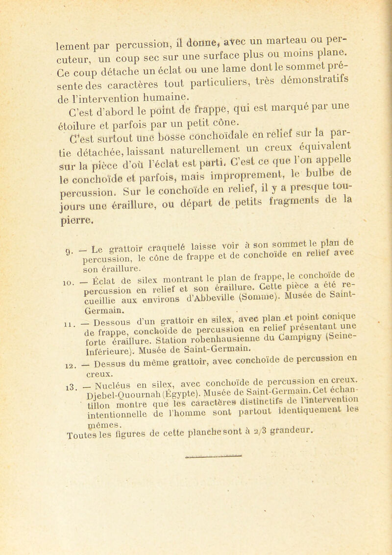 cuteur, un coup sec sur une surface plus ou moins plane. Ce coup détache un éclat ou une lame dont le sommet pré- sente des caractères tout particuliers, très démonstratifs de l’intervention humaine. C’est d’abord le point de frappe, qui est marqué par une étoilure et parfois par un petit cône. C’est surtout une bosse conchoïdale en relief sur la pai- tie détachée, laissant naturellement un creux equivalen sur la pièce d’où l’éclat est parti. C’est ce que 1 on appelle le conchoïde et parfois, mais improprement, le bulbe de percussion. Sur le conchoïde en relief, il y a presque tou- jours une éraillure, ou départ de petits fragments de a pierre. 9 10. _ Le grattoir craquelé laisse voir à son sommet le plan de percussion, le cône de frappe et de conchoïde en relief avec son éraillure. ... . _ Éclat de silex montrant le plan de frappe, le conchoïde de percussion en relief et son éraillure. Cette pièce a ete re- cueillie aux environs d’Abbeville (Somme). Musee de Saint- Germain. . . .. _ Dessous d’un grattoir en silex, avec plan .et point conique ’ de frappe, conchoïde de percussion en relief présentant une forte éraillure. Station robenhausienne du Campigny (Seine- Inférieure). Musée de Saint-Germain. _ Dessus du même grattoir, avec conchoïde de percussion en creux. l3 _ Nucléus en silex, avec conchoïde de percussion en creux. Diebel-Ouournah (Égypte). Musée de Saint-Germain. Cet cclian tnion montre que les caractères distinctifs de l’intervention intentionnelle de l’homme sont partout identiquement les mêmes. , _ , Toutes les figures de cette planche sont à 2/3 grandeur. 12