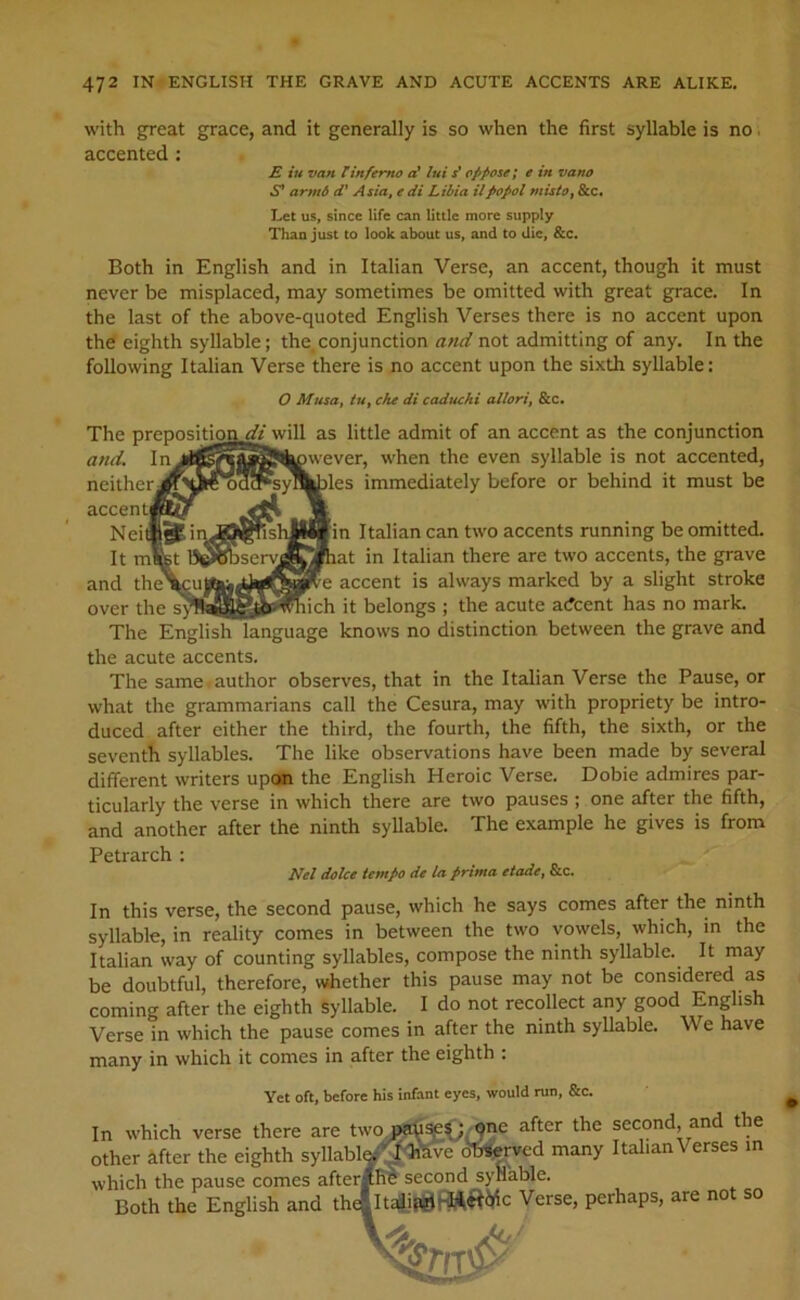 with great grace, and it generally is so when the first syllable is no. accented : E ill van Tinferno ef lui s* opposei e in vano S' arm6 Asia^ e di Libia ilpopol mistOy &c. Let us, since life can little more supply Than just to look about us, and to die, &c. Both in English and in Italian Verse, an accent, though it must never be misplaced, may sometimes be omitted with great grace. In the last of the above-quoted English Verses there is no accent upon the eighth syllable; the.conjunction and not admitting of any. In the following Italian Verse there is no accent upon the sixth syllable: 0 Musa, tu, eke di caducki allori, &c. the acute accents. The same author observes, that in the Italian Verse the Pause, or what the grammarians call the Cesura, may with propriety be intro- duced after either the third, the fourth, the fifth, the sixth, or the seventh syllables. The like observations have been made by several different writers upon the English Heroic Verse. Dobie admires par- ticularly the verse in which there are two pauses ; one after the fifth, and another after the ninth syllable. The example he gives is from Petrarch : Nel dalce tempo de la prima etade, &c. In this verse, the second pause, which he says comes after the ninth syllable, in reality comes in between the two vowels, which, in the Italian way of counting syllables, compose the ninth syllable. It may be doubtful, therefore, whether this pause may not be considered as coming after the eighth Syllable. I do not recollect any good English Verse in which the pause comes in after the ninth syllable. We have many in which it comes in after the eighth : Yet oft, before his infant eyes, would run, &c. In which verse there are two second and the other after the eighth syllablagMSve db^d many Italian Verses in which the pause comes aftersRe second syllable. Both the English and thJlt4i«^b?A^yc Verse, perhaps, are not so