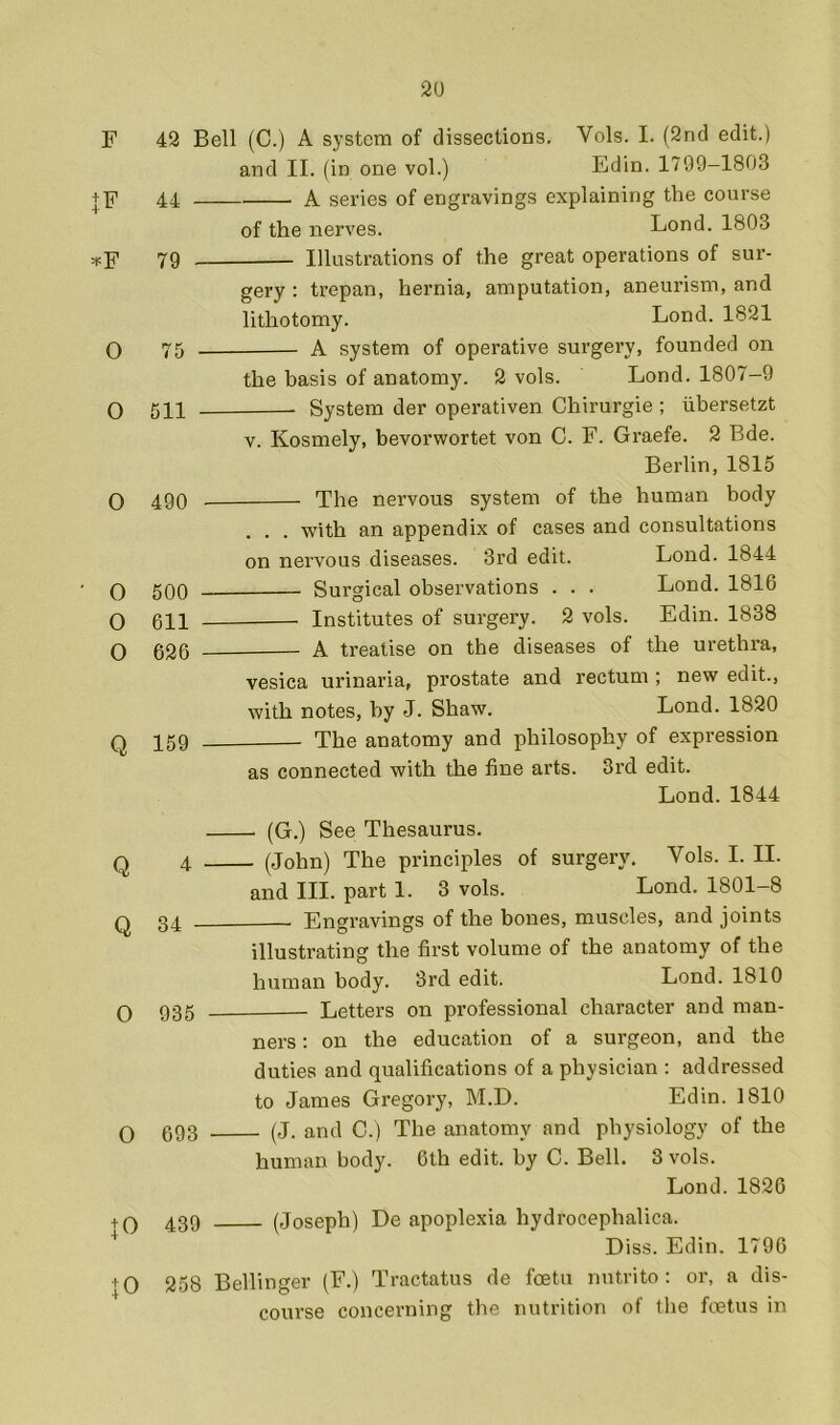 F l¥ ^F 0 0 o o o o Q Q Q o o |0 to 42 Bell (C.) A system of dissections. Vols. I. (2nd edit.) and II. (in one vol.) Edin. 1799-1803 44 A series of engravings explaining the course of the nerves. Lond. 1803 79 Illustrations of the great operations of sur- gery : trepan, hernia, amputation, aneurism, and lithotomy. Lond. 1821 75 — A system of operative surgery, founded on the basis of anatomy. 2 vols. Lond. 1807-9 511 System der operativen Chirurgie ; iibersetzt V. Kosmely, bevorwortet von C. F. Graefe. 2 Bde. Berlin, 1815 490 The nervous system of the human body . . . with an appendix of cases and consultations on nervous diseases. 3rd edit. Lond. 1844 500 Surgical observations . . . Lond. 1816 011 — Institutes of surgery. 2 vols. Edin. 1838 020 A treatise on the diseases of the urethra, vesica urinaria, prostate and rectum ; new edit., with notes, by J. Shaw. Lond. 1820 159 — The anatomy and philosophy of expression as connected with the fine arts. 3rd edit. Lond.1844 (G.) See Thesaurus. 4 (John) The principles of surgery. Vols. I. II. and III. part 1. 3 vols. Lond. 1801-8 34 Engravings of the bones, muscles, and joints illustrating the first volume of the anatomy of the human body. 3rd edit. Lond. 1810 935 Letters on professional character and man- ners : on the education of a surgeon, and the duties and qualifications of a physician ; addressed to James Gregory, M.D. Edin. 1810 093 (J. and C.) The anatomy and physiology of the human body. 6th edit, by C. Bell. 3 vols. Lond. 1826 439 (Joseph) De apoplexia hydrocephalica. Diss. Edin. 1796 258 Bellinger (F.) Tractatus de fcetu nutrito : or, a dis- course concerning the nutrition of the fcetus in