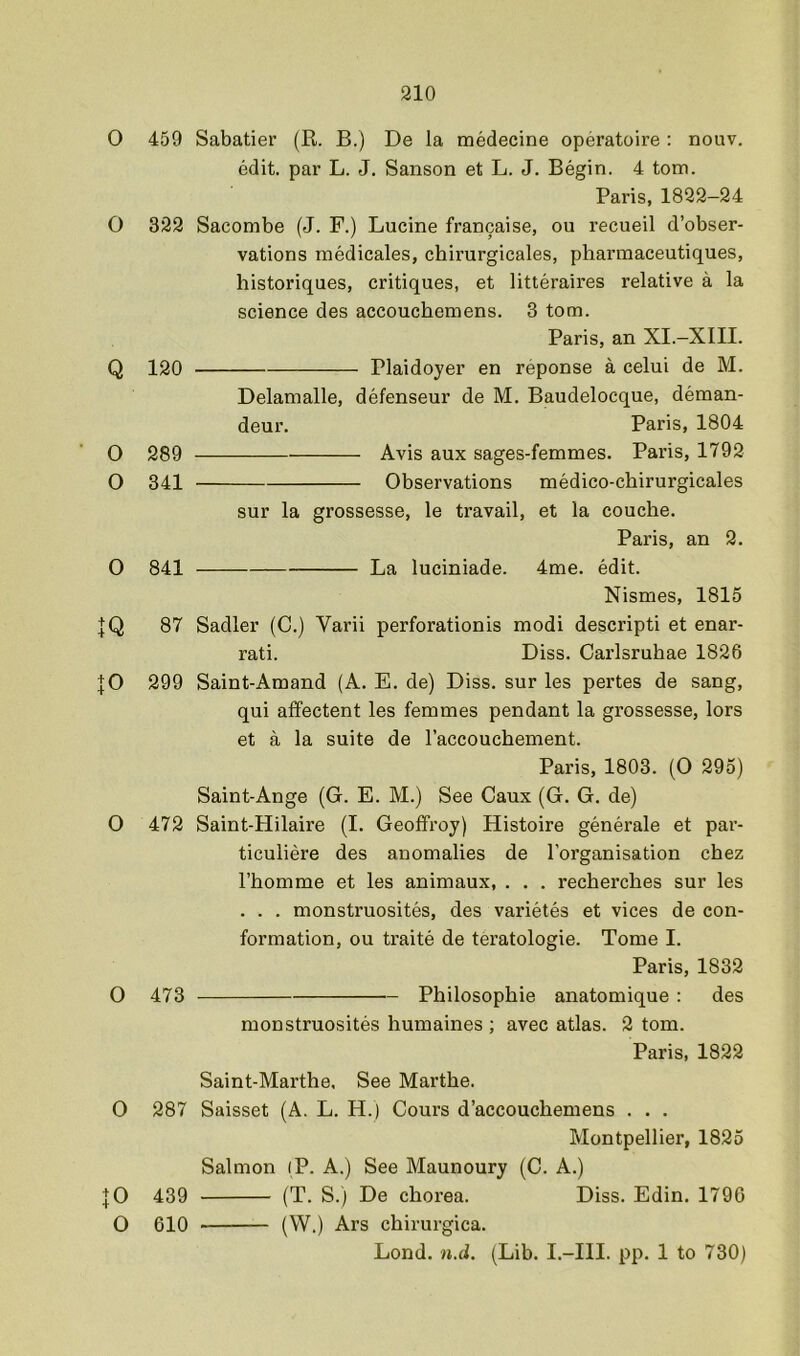 0 459 Sabatier (R. B.) De la rnedecine operatoire: nouv. edit, par L. J, Sanson et L. J. Begin. 4 tom. Paris, 1822-24 O 322 Sacombe (J. F.) Lucine fran9aise, on recueil d’obser- vations medicales, cbirurgicales, pharmaceutiques, historiques, critiques, et litteraires relative a la science des accouchemens. 3 tom. Paris, an XI.-XIII. Q 120 Plaidoyer en reponse a celui de M. Delamalle, defenseur de M. Baudelocque, deman- deui’. Paris, 1804 0 289 - Avis aux sages-femmes. Paris, 1792 0 341 - Observations medico-chirurgicales sur la grossesse, le travail, et la couche. Paris, an 2. 0 841 - La luciniade. 4me. edit. Nismes, 1815 JQ 87 Sadler (C.) Varii perforationis modi descripti et enar- rati. Diss. Carlsruhae 1826 JO 299 Saint-Amand (A. E. de) Diss. sur les pertes de sang, qui affectent les femmes pendant la grossesse, lors et a la suite de I’accouchement. Paris, 1803. (O 295) Saint-Ange (G. E. M.) See Caux (G. G. de) O 472 Saint-Hilaire (I. Geoffroy) Histoire generate et par- ticuliere des anomalies de I’organisation chez I’homme et les animaux, . . . recherches sur les . . . monstruosites, des varietes et vices de con- formation, ou traite de teratologie. Tome I. Paris, 1832 O 473 Philosophie anatomique : des monstruosites humaines ; avec atlas. 2 tom. Paris, 1822 Saint-Marthe, See Marthe. 0 287 Saisset (A. L. H.) Cours d’accouchemens . . . Montpellier, 1825 Salmon (P. A.) See Maunoury (C. A.) (T. S.) De chorea. Diss. Edin. 1796 (W.) Ars chirurgica. Bond. n.d. (Lib. I.-III. pp. 1 to 730) JO 439 O 610