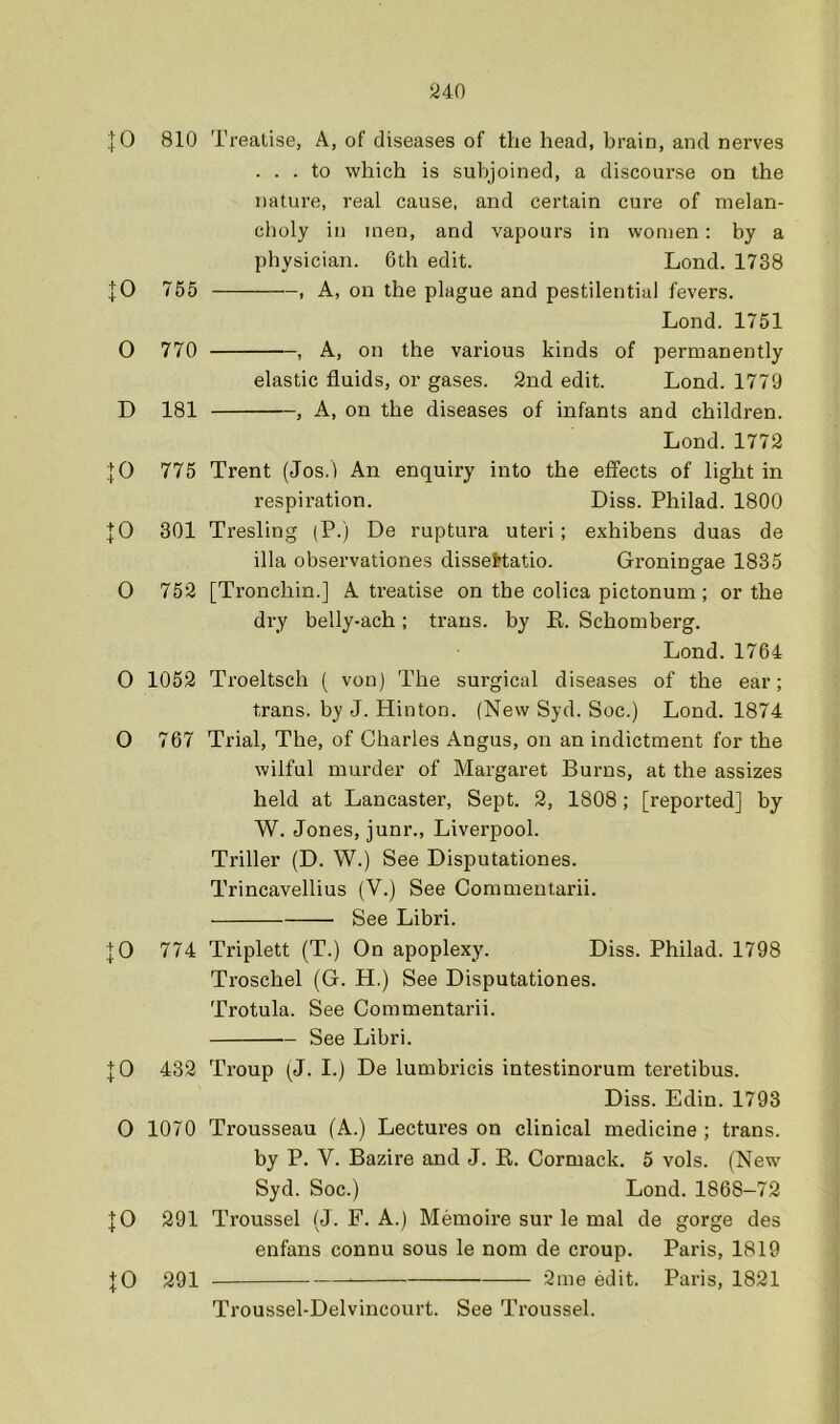 ^40 |0 810 Treatise, A, of diseases of the head, brain, and nerves ... to which is subjoined, a discourse on the nature, real cause, and certain cure of melan- choly in men, and vapours in women: by a physician. 6th edit. Lond. 1738 jO 755 , A, on the plague and pestilential fevers. Lond. 1751 O 770 , A, on the various kinds of permanently elastic fluids, or gases. 2nd edit. Lond. 1779 D 181 , A, on the diseases of infants and children. Lond. 1772 jO 775 Trent (Jos.) An enquiry into the effects of light in respiration. Diss. Philad. 1800 JO 301 Tresling (P.) De ruptura uteri; exhibens duas de ilia observationes dissettatio. Groningae 1835 O 752 [Tronchin.] A treatise on tbe colica pictonum ; or the dry belly-ach; trans. by R. Schomberg. Lond. 1764 O 1052 Troeltsch ( von) The surgical diseases of the ear; trans. by J. Hinton. (New Syd. Soc.) Lond. 1874 O 767 Trial, The, of Charles Angus, on an indictment for the wilful murder of Margaret Burns, at the assizes held at Lancaster, Sept. 2, 1808; [reported] by W. Jones, junr., Liverpool. Ti’iller (D. W.) See Disputationes. Trincavellius (V.) See Commentarii. See Libri. JO 774 Triplett (T.) On apoplexy. Diss. Philad. 1798 Troschel (G. H.) See Disputationes. Trotula. See Commentarii. See Libri. JO 432 Troup (J. I.) De lumbricis intestinorum teretibus. Diss. Edin. 1793 0 1070 Trousseau (A.) Lectures on clinical medicine ; trans. by P. V. Bazire and J. R. Cormack. 5 vols. (New Syd. Soc.) Lond. 1868-72 JO 291 Troussel (J. F. A.) Memoire sur le mal de gorge des enfans connu sous le nom de croup. Paris, 1819 JO 291 2me edit. Paris, 1821 Troussel-Delvincourt. See Troussel.