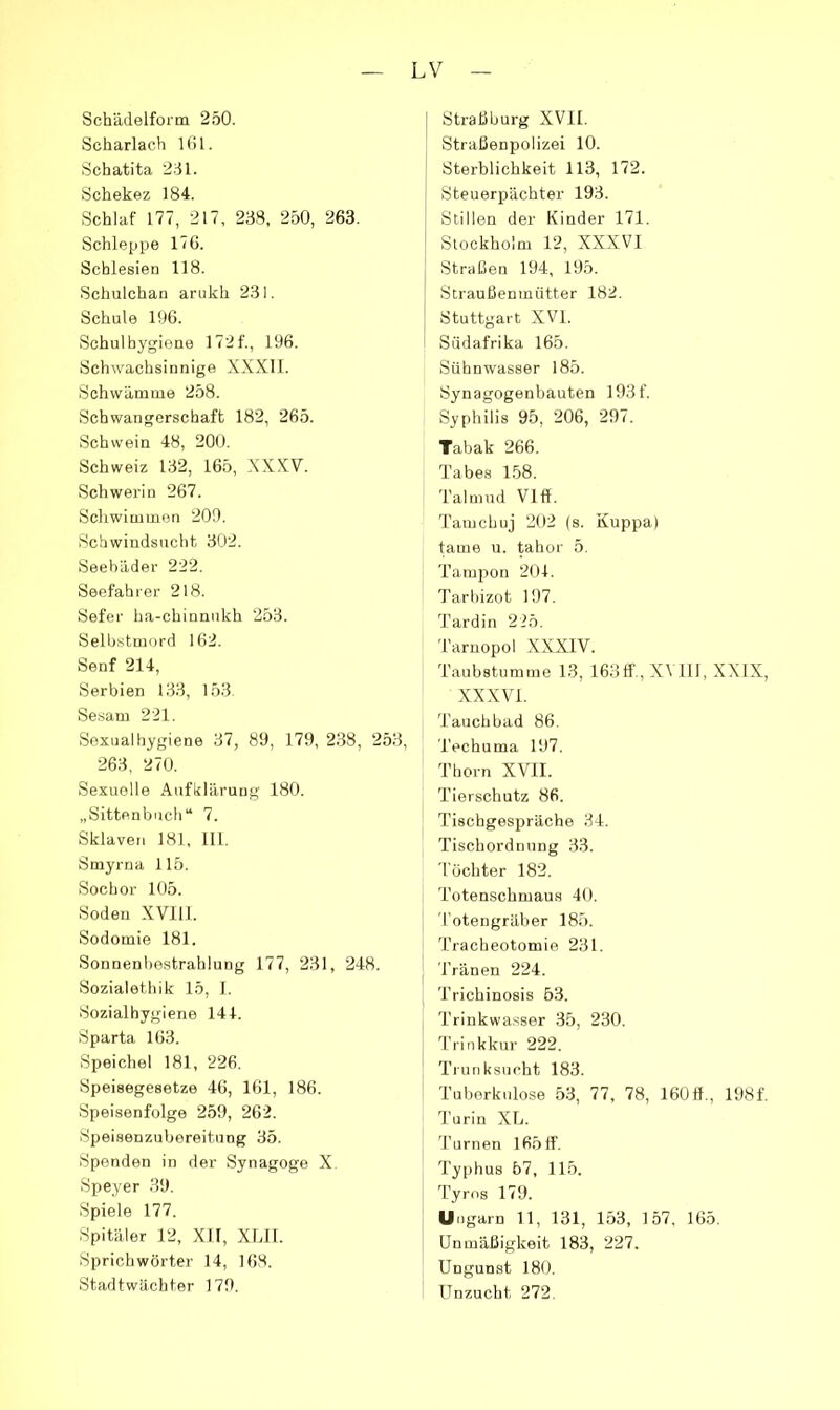 Schädelform 250. Scharlach 161. Schatita 261. Schekez 184. Schlaf 177, 217, 238, 250, 263. Schleppe 17G. Schlesien 118. Schulchan arukh 231. Schule 196. Schulhygiene 1721'., 196. Schwachsinnige XXXII. Schw'ämme 258. Schwangerschaft 182, 265. Schwein 48, 200. Schweiz 132, 165, X.XXV. Schwerin 267. Schwimmen 209. Schwindsucht 302. Seeb'äder 222. Seefahrer 218. Sefer ha-chinnukh 253. Selbstmord 162. Senf 214, Serbien 133, 153 Sesam 221. Soxualhygiene 37, 89, 179, 2.38, 253, 263, 270. Sexuelle Aufklärung 180. „Sittenbuch“ 7. Sklaven 181, 111. Smyrna 115. Sochor 105. Soden XVlll. Sodomie 181. Sonnenbestrahlung 177, 231, 248. Sozialethik 15, 1. Sozialhygiene 144. Sparta 163. Speichel 181, 226. Speisegesetze 46, 161, 186. Speisenfolge 259, 262. Speisenzubereitung 35. Spenden in der Synagoge X. Speyer 39. Spiele 177. Spitäler 12, XII, XLll. Sprichwörter 14, 168. Stadtwächter 179. Straßburg XVII. Straßenpolizei 10. Sterblichkeit 113, 172. Steuerpächter 193. Stillen der Kinder 171. Stockholm 12, XXXVI Straßen 194, 195. Straußenmütter 182. Stuttgart XVI. Südafrika 165. Sühnwasser 185. Synagogenbauten I93f. Syphilis 95, 206, 297. Tabak 266. Tabes 158. Talmud Vlfl. Tamchuj 202 (s. Kuppa) tarne u. tehor 5. Tampon 204. Tarbizot 197. Tardin 225. Tarnopol XXXIV. Taubstumme 13, 163ff , XIIII, XXIX, XXXVI. Tauchbad 86. Techuma 197. Thorn XVII. Tierschutz 86. Tischgespräche 34. Tischordnung 33. ’l'öchter 182. Totenschmaus 40. Totengräber 185. Tracheotomie 231. Tränen 224. Trichinosis 53. Trinkwasser 35, 230. Trinkkur 222, Trunksucht 183. Tuberkulose 53, 77, 78, 160 6., 198f. Turin XL. 'r Urnen 1656'. Typhus 57, 115. Tyros 179. Ungarn 11, 131, 153, 157, 165. ünmäßigkeit 183, 227. Ungunst 180. Unzucht 272.
