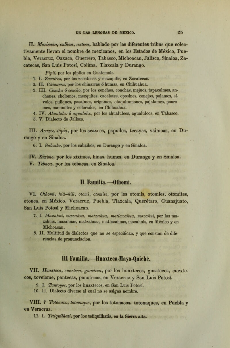 II. Mexicano, culhua, azteca, hablado por las diferentes tribus que colec- tivamente llevan el nombre de mexicanos, en los Estados de México, Pue- bla, Veracruz, Oaxaca, Guerrero, Tabasco, Michoacan, Jalisco, Sinaloa, Za- catecas, San Luis Potosí, Colima, Tlaxcala y Durango. Pipil, por los pipiles en Guatemala. 1. I. Zacateco, por los zacatecas y mazapilis, en Zacatecas. 2. II. Chinarra, por los chinarras ó humas, en Chihuahua. 3. III. Concha ó concho, por los conchos, conchas, mejuos, tapacolmes, an- chanes, cholomos, mezquites, cacalotes, oposines, conejos, polames, sí- volos, puliques, pasalmes, arigames, otaquitamones, paj alames, poara mes, mammites y colorados, en Chihuahua. 4. IV. Ahualulco ó agualulco, por los ahualulcos, agualulcos, en Tabasco. 5. V. Dialecto de Jalisco. III. Acaxee, tópia, por los acaxees, papudos, tecayas, vaimoas, en Du- rango y en Sinaloa. 6. I. Sabaibo, por los sabaibos, en Durango y en Sinaloa. IV. Xixime, por los xiximes, hiñas, humes, en Durango y en Sinaloa. V. Tebaca, por los tebacas, en Sinaloa. II Familia.—Othomí. VI. Othomí, hia-hiü, otomí, otomite, por los otomís, otomíes, otomites, otonca, en México, Veracruz, Puebla, Tlaxcala, Querétaro, Guanajuato, San Luis Potosí y Michoacan. 7. I. Mazahui, mazahua, matzahua, matlazáhua, mozahui, por los ma- zahuis, mazahuas, matzahuas, matlazahuas, mozahuis, en México y en Michoacan. 8. II. Multitud de dialectos que no se especifican, y que constan de dife- rencias de pronunciación. III Familia.—Huaxteca-Maya-Quiché. VII. Huaxteca, cuexteca, guasteca, por los huaxtecos, guastecos, cuexte- cos, toveiome, pantecas, panotecas, en Veracruz y San Luis Potosí. 9. I. Tantoyoc, por los huaxtecos, en San Luis Potosí. 10. II. Dialecto diverso al cual no se asigna nombre. Vm. ? Totonaco, totonaque, por los totonacos, totonaques, en Puebla y en Veracruz. 11. I. Tetiquilhati, por los tetiquilhatis, en la Sierra alta.