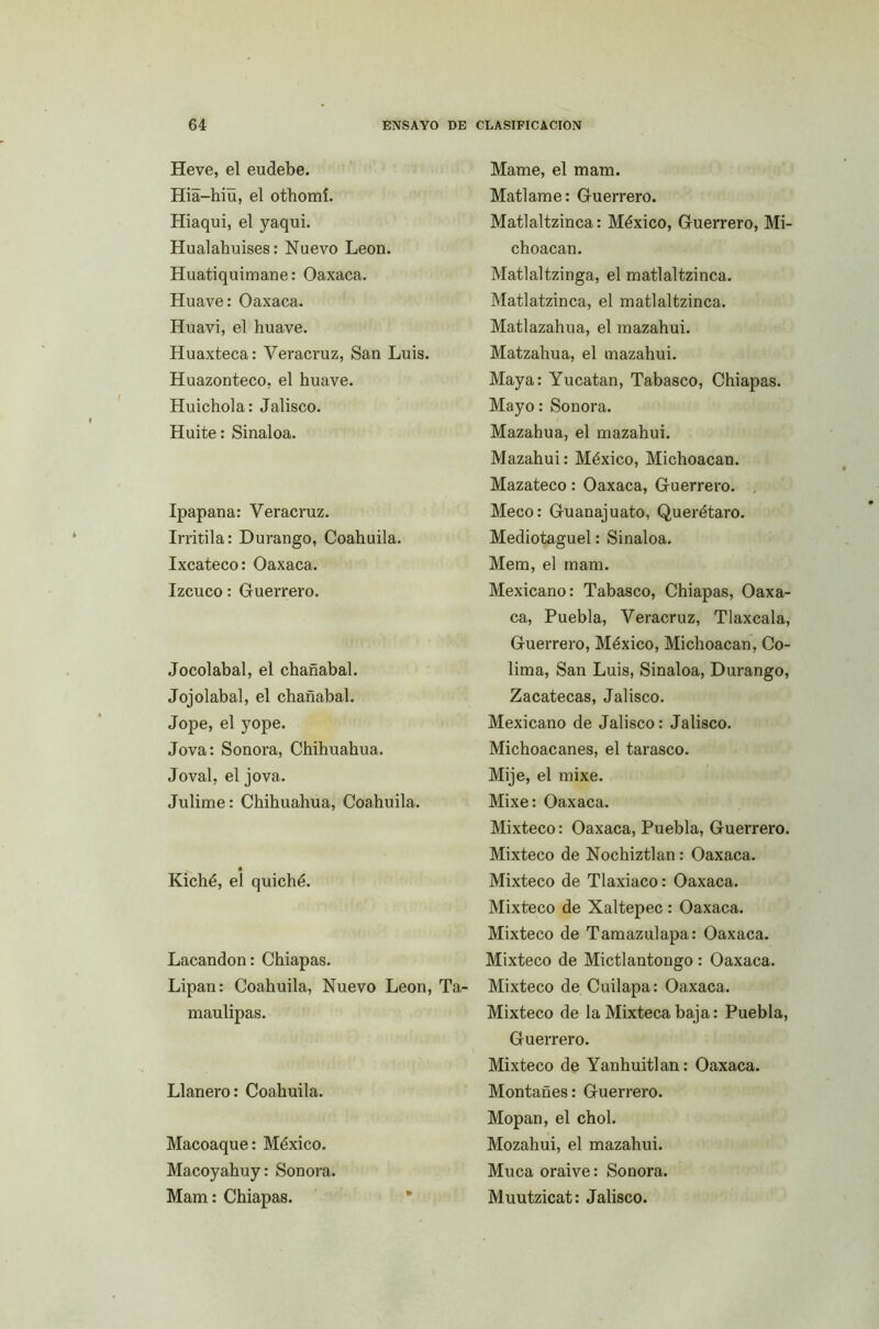 Heve, el eudebe. Hia-hiu, el otbomí. Hiaqui, el yaqui. Hualahuises: Nuevo León. Huatiquimane: Oaxaca. Huave: Oaxaca. Huavi, el huave. Huaxteca: Veracruz, San Luis. Huazonteco, el huave. Huichola: Jalisco. Huite: Sinaloa. Ipapana: Veracruz. Irritila: Durango, Coahuila. Ixcateco: Oaxaca. Izcuco: Guerrero. Jocolabal, el chañabal. Jojolabal, el chañabal. Jope, el yope. Jova: Sonora, Chihuahua. Joval, el jova. Julime: Chihuahua, Coahuila. Kiché, el quiché. Lacandon: Chiapas. Lipan: Coahuila, Nuevo León, Ta- maulipas. Llanero: Coahuila. Macoaque: México. Macoyahuy: Sonora. Mam: Chiapas. Mame, el mam. Matlame: Guerrero. Matlaltzinca: México, Guerrero, Mi- choacan. Matlaltzinga, el matlaltzinca. Matlatzinca, el matlaltzinca. Matlazahua, el mazahui. Matzahua, el mazahui. Maya: Yucatán, Tabasco, Chiapas. Mayo: Sonora. Mazahua, el mazahui. Mazahui: México, Michoacan. Mazateco: Oaxaca, Guerrero. Meco: Guanajuato, Querétaro. Mediotaguel: Sinaloa. Mem, el mam. Mexicano: Tabasco, Chiapas, Oaxa- ca, Puebla, Veracruz, Tlaxcala, Guerrero, México, Michoacan, Co- lima, San Luis, Sinaloa, Durango, Zacatecas, Jalisco. Mexicano de Jalisco: Jalisco. Michoacanes, el tarasco. Mije, el mixe. Mixe: Oaxaca. Mixteco: Oaxaca, Puebla, Guerrero. Mixteco de Nochiztlan: Oaxaca. Mixteco de Tlaxiaco: Oaxaca. Mixteco de Xaltepec : Oaxaca. Mixteco de Tamazulapa: Oaxaca. Mixteco de Mictlantongo : Oaxaca. Mixteco de Cuilapa: Oaxaca. Mixteco de la Mixteca baja: Puebla, Guerrero. Mixteco de Yanhuitlan: Oaxaca. Montañés: Guerrero. Mopan, el chol. Mozahui, el mazahui. Muca oraive: Sonora. Muutzicat: Jalisco.