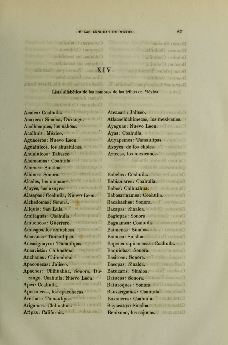 / DE LAS LENGUAS DE MEXICO. 67 almillloO : eírmivj;') .r,»hini8 :««-ini{í .<¡¡nfohlflO :gilvo/(;') .iltorfi<eO tfoonalfl .Bofd.rtosj soí ,30ÍbI»Io’) .«limftfeoD : vifocfoíl .f ¡iiM.vf oí .¡líi íii • *j : xi.!t;*)oíi XIV. >«o!i;ui3 8o¡ >»;o!i¡ni'> ..'liliirCcoO zmiiodoíT •iííil¡.'Oíd > :ni«ot>1-íío' t ,Jí r«lm,!n»'r) ,juvqfiukíunT'i ftoimTiufi Lista alfabética de los nombres de las tribus en México. OOHi11; t í H}•!fiO . ‘ Acafes: Coahuila. Acaxees: Sinaloa, Durango. Acolhoaques, los nahóas. Acolhuis: México. Aguaceros: Nuevo León. Agualulcos, los ahualulcos. Ahualulcos: Tabasco. Ahomamas: Coahuila. Ahornes: Sinaloa. Aibinos: Sonora. Aicales, los mopanes. Ajoyes, los axoyes. Alasapas: Coahuila, Nuevo León. Alchedomas: Sonora. Alíquis: San Luis. Amitaguas: Coahuila. Amuchcos: Guerrero. Amusgos, los amuchcos. Anacanas: Tamaulipas. Ancasiguayes: Tamaulipas. Ancavistis: Chihuahua. Anchanes: Chihuahua. Apaconecas: Jalisco. Apaches: Chihuahua, Sonora, Du- rango, Coahuila, Nuevo León. Apes: Coahuila. Apocanecas, los apaconecas. Aretines: Tamaulipas. Arigames: Chihuahua. Aripas: California. Ateacari: Jalisco. Atlacachichimecas, los mexicanos. Ayaguas: Nuevo León. Ayas: Coahuila. Auyapemes: Tamaulipas. Axoyes, de los choles. Aztecas, los mexicanos. Babeles: Coahuila. Babiamares: Coahuila. Babos: Chihuahua. Babosarigames: Coahuila. Bacabaches: Sonora. Bacapas: Sinaloa. Bagiopas: Sonora. Baguames: Coahuila. Baimenas: Sinaloa. Bamoas: Sinaloa. Bapancorapinanacas: Coahuila. Baquiobas: Sonora. Basiroas: Sonora. Basopas: Sinaloa. Batucaris: Sinaloa. Batucos: Sonora. Baturoques: Sonora. Bauzarigames: Coahuila. Baxaneros: Coahuila. Bayacatos: Sinaloa. Benixono, los cajonos.