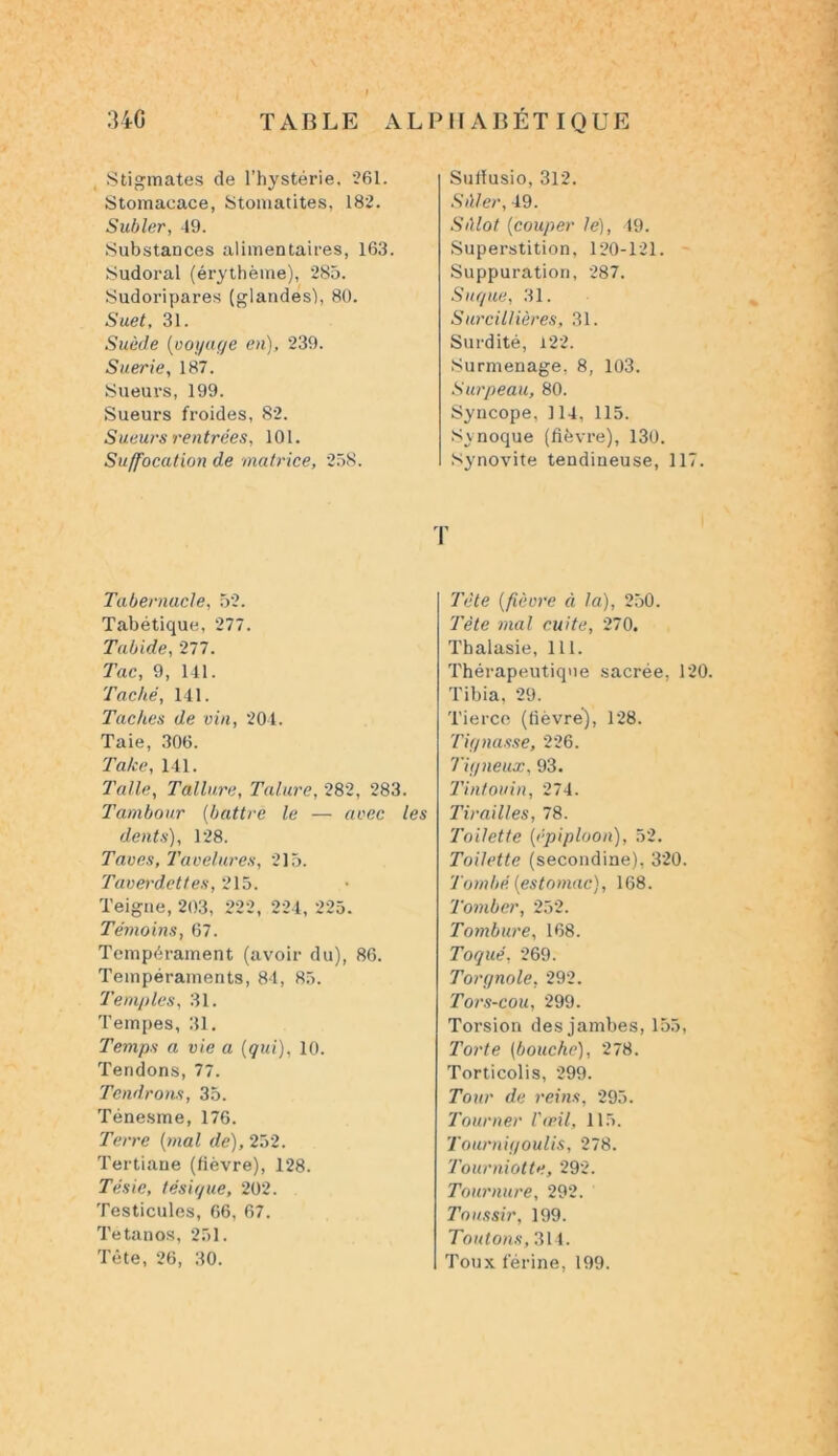 340 TABLE ALPHABÉTIQUE Stigmates de l’hystérie. 261. Stomaeace, Stomatites, 182. Subler, 49. Substances alimentaires, 163. Sudoral (érythème), 285. Sudoripares (glandes), 80. Suet, 31. Suède (voyage en), 239. Suerie, 187. Sueurs, 199. Sueurs froides, 82. Sueurs rentrées, 101. Suffocation de matrice, 258. Tabernacle, 52. Tabétique, 277. Tabide, 277. Tac, 9, 141. Taché, 141. Taches de vin, 204. Taie, 306. Take, 141. Talle, Tallure, Talure, 282, 283. Tambour (battre le — avec les dents), 128. Tares, Tavelures, 215. Taverdcttes, 215. Teigne, 203, 222, 224, 225. Témoins, 67. Tempérament (avoir du), 86. Tempéraments, 84, 85. Temples, 31. Tempes, 31. Temps a vie a (qui), 10. Tendons, 77. Tendrons, 35. Ténesme, 176. Terre (mal de), 252. Tertiane (fièvre), 128. Té sic, tésique, 202. Testicules, 66, 67. Tétanos, 251. Tète, 26, 30. Sutlusio, 312. SMer, 49. Sèlot (couper le), 49. Superstition, 120-121. Suppuration, 287. Saque, 31. Surcillières, 31. Surdité, 122. Surmenage, 8, 103. Sur peau, 80. Syncope,114, 115. Synoque (fièvre), 130. Synovite tendineuse, 117. T Tète (fièvre ci la), 250. Tète mal cuite, 270. Thalasie, 111. Thérapeutique sacrée, 120. Tibia, 29. Tierce (fièvre), 128. Tiquasse, 226. Tiqneux, 93. Tintouin, 274. Tirailles, 78. Toilette (épiploon), 52. Toilette (secondine), 320. Tombé (estomac), 168. Tomber, 252. Tombure, 168. Toqué, 269. Torgnole, 292. Tors-cou, 299. Torsion des jambes, 155, Torte (bouche), 278. Torticolis, 299. Tour de reins, 295. Tourner l'œil, 115. Tourniqoulis, 278. Tourniotte, 292. Tournure, 292. Toussir, 199. Tontons, 314. Toux férine, 199.