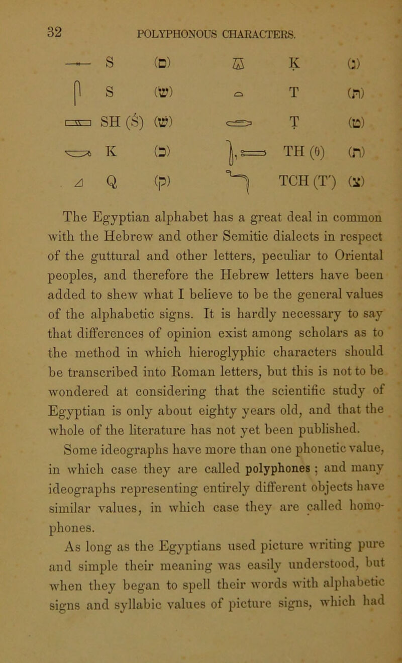 — S (D) 1 S CIT) C3a SH(6) C^) ^ K (D) Q (p) K (a) T (n) T (12) > TH (6) in) TCH (T') (2i) The Egyptian alphabet has a great deal in common with the Hebrew and other Semitic dialects in respect of the guttural and other letters, peculiar to Oriental peoples, and therefore the Hebrew letters have been added to shew what I believe to be the general values of the alphabetic signs. It is hardly necessary to say that differences of opinion exist among scholars as to the method in which hieroglyphic characters should be transcribed into Roman letters, but this is not to be wondered at considering that the scientific study of Egyptian is only about eighty years old, and that the whole of the literature has not yet been published. Some ideographs have more than one phonetic value, in which case they are called polyphones ; and many ideographs representing entirely different objects have similar values, in which case they are called homo- phones. As long as the Egyptians used picture writing pure and simple their meaning was easily understood, but when they began to spell their words with alphabetic signs and syllabic values of picture signs, which had