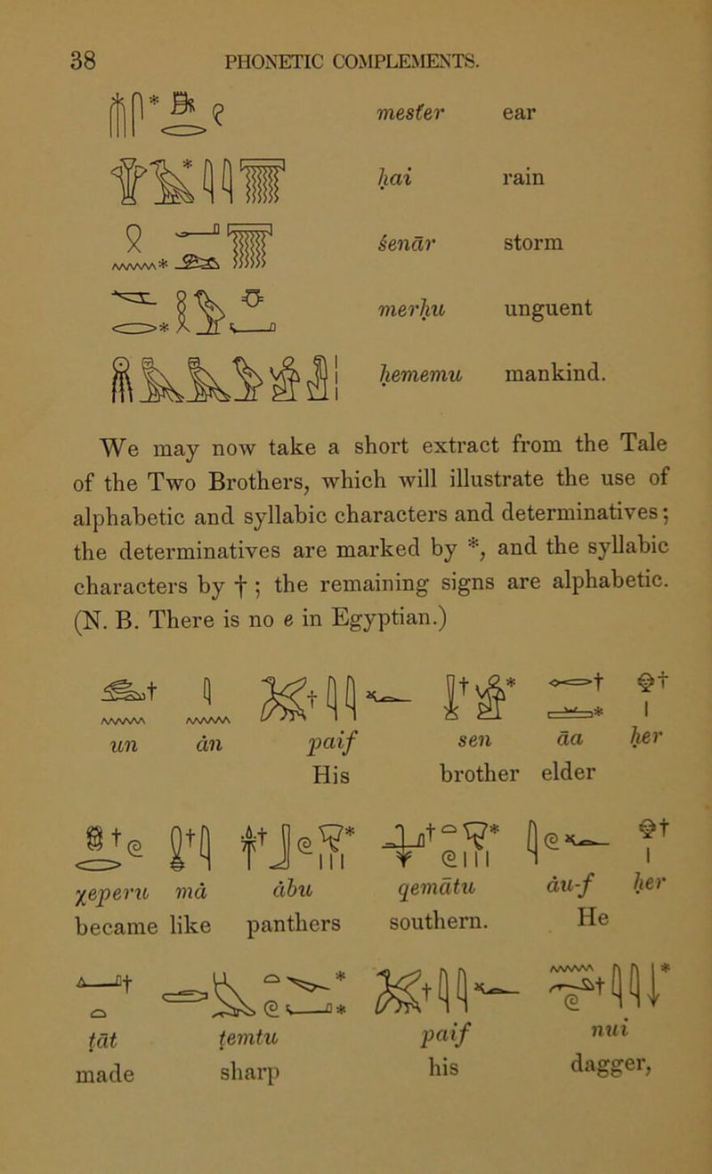 e 5 —^ mester ear liai rain §endr storm merlyu, unguent hememu mankind. We may now take a short extract from the Tale of the Two Brothers, which will illustrate the use of alphabetic and syllabic characters and determinatives*, the determinatives are marked by and the syllabic characters by f ; the remaining signs are alphabetic. (N. B. There is no e in Egyptian.) aa/vaaa A/SAAAA itn an brother elder I her ‘/^epertt md dhu became ! like panthers A__Cf a* tat temtu made sharp y ©III 1 qemdtu du-f her southern. He AAAAAA © paif nui his dagger,