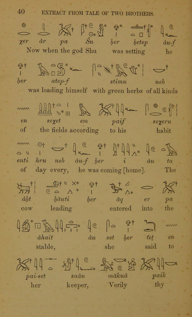 Xer dr pa Now when the god Shu I r* ^ □ her hetep was setting du-f he her atep-f was loading himself * 1 I I stimu neb with green herbs of all kinds aaaa/va en of the fields according to his ©3 H-! sexeru habit AAAAAA ^ W Qt 1 (3 1 (3 enti hru neb du-f her i du ta of day every, he was coming [home]. The 1 '' X* 1 (E ^ A =*= 1 dht hduti her cow leading ra'^( [lc?D. Ill C (E dhait du stable. A* dq er pa entered into the p- r set her (et en she said to pai-sef her sadu keeper, mdkud Verily paik thy