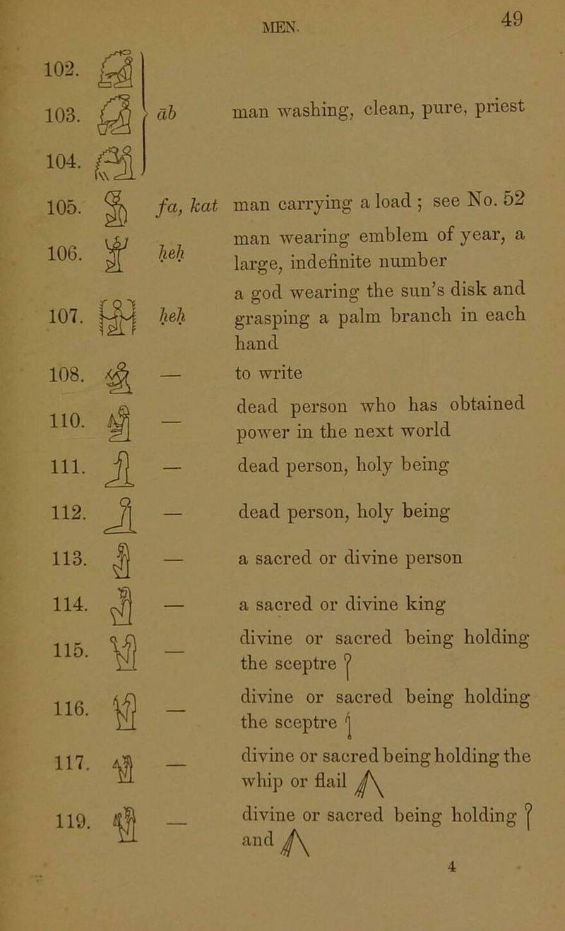 103. 104. 105. 106. 107. 108. 110. 111. 112. 113. 114. 115. 116. 117. 119. > ah man washing, clean, pure, priest fa, kat man carrying a load ; see No. 52 man wearing emblem of year, a large, indefinite number a god wearing the sun’s disk and lieh grasping a palm branch in each hand — to write dead person who has obtained power in the next world 1 1 dead person, holy being dead person, holy being a sacred or divine person a sacred or divine king divine or sacred being holding the sceptre ‘j’ divine or sacred being holding the sceptre | divine or sacred being holding the whip or flail divine or sacred being holding