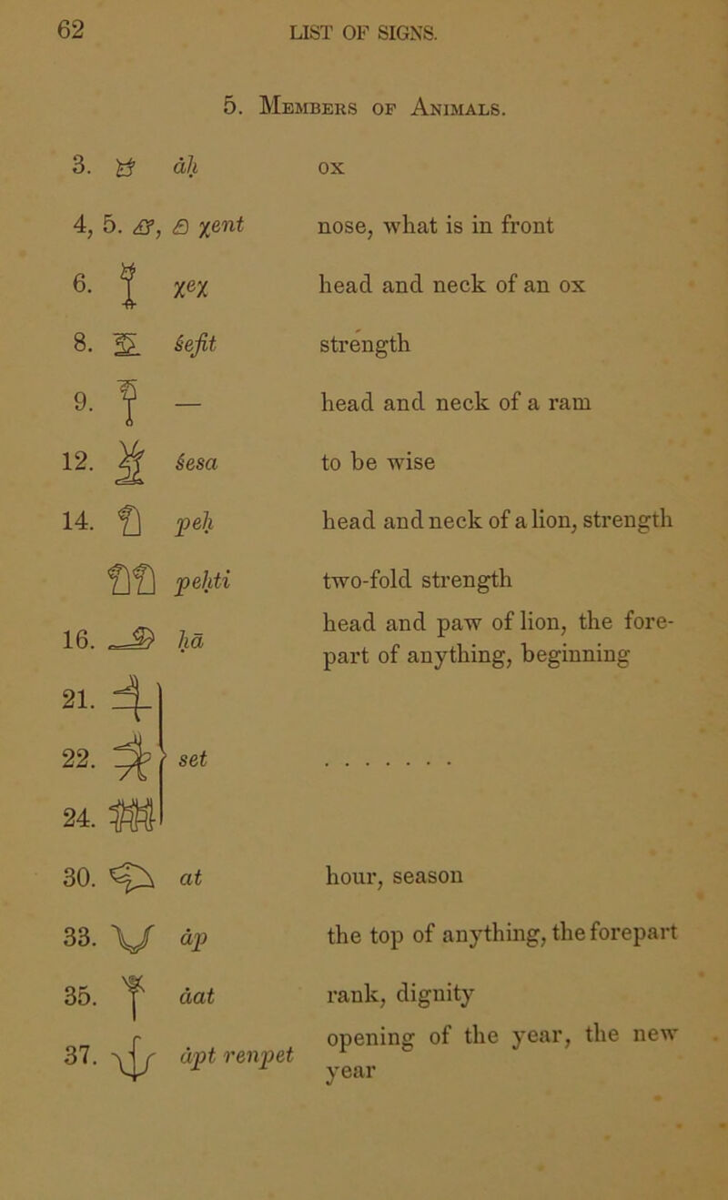 5. Members op Animals. 3. ^ all 4, 5. i?, £) %ent 6. I xn 8. ^ §efit ! - 14. ^ peh f]f] pehti 16. —^ /la 21. 4| 22. ^ 24. set ox nose, what is in front head and neck of an ox strength head and neck of a ram to be wise head and neck of a lion, strength two-fold strength head and paw of lion, the fore- part of anything, beginning 30. at hour, season 33. \/ dp the top of anything, the forepart 35. T dat dpt renpet rank, dignity opening of the year, the new year