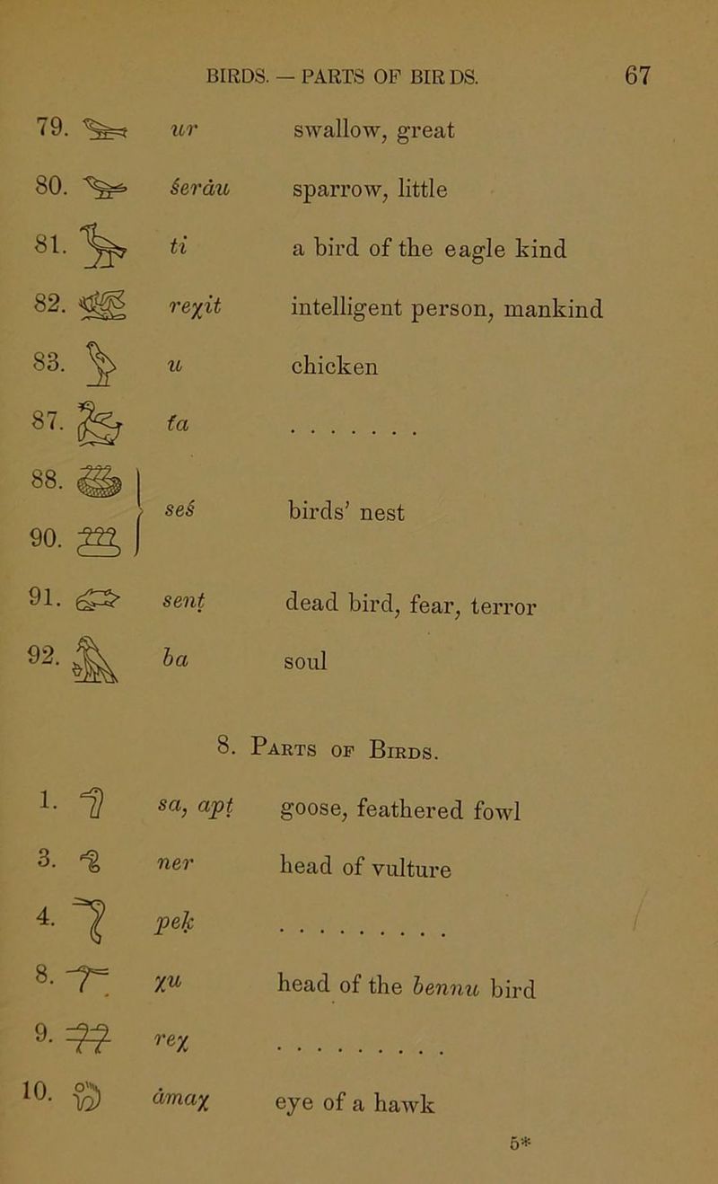 79. ^ icr swallow, great 80. ^ ierdu sparrow, little 81. ^ ti a bird of the eagle kind 82.^ re^it intelligent person, mankind 83. ^ u chicken fa 88. ^ 1 se§ birds’ nest 90. ;222, I 91. ^ sent dead bird, fear, terror ha soul 8. Parts op Birds. 1. u sa, apt goose, feathered fowl 3. % ner head of vulture 4. 1 pelf. 8. XU head of the hennu bird 9. rex 10. dmax eye of a hawk 5*