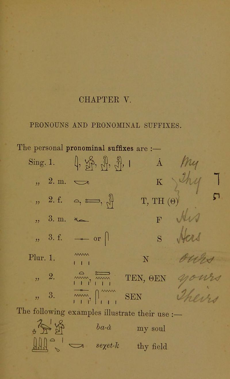 CHAPTER V. PRONOUNS AND PRONOMINAL SUFFIXES. The personal pronominal suffixes are :— Sing. 1. „ 2. m. 2. f. 3. m. „ 3.f. Plur. 1. „ 2. „ 3. 0 A K / ; T, TH (0) F 1 P AAAAAA I I I or |1 S N A JjciJ TEN, GEN I I r n 111 SEN The following examples illustrate their use ;— W ha-a my soul A sexe.i-h thy field