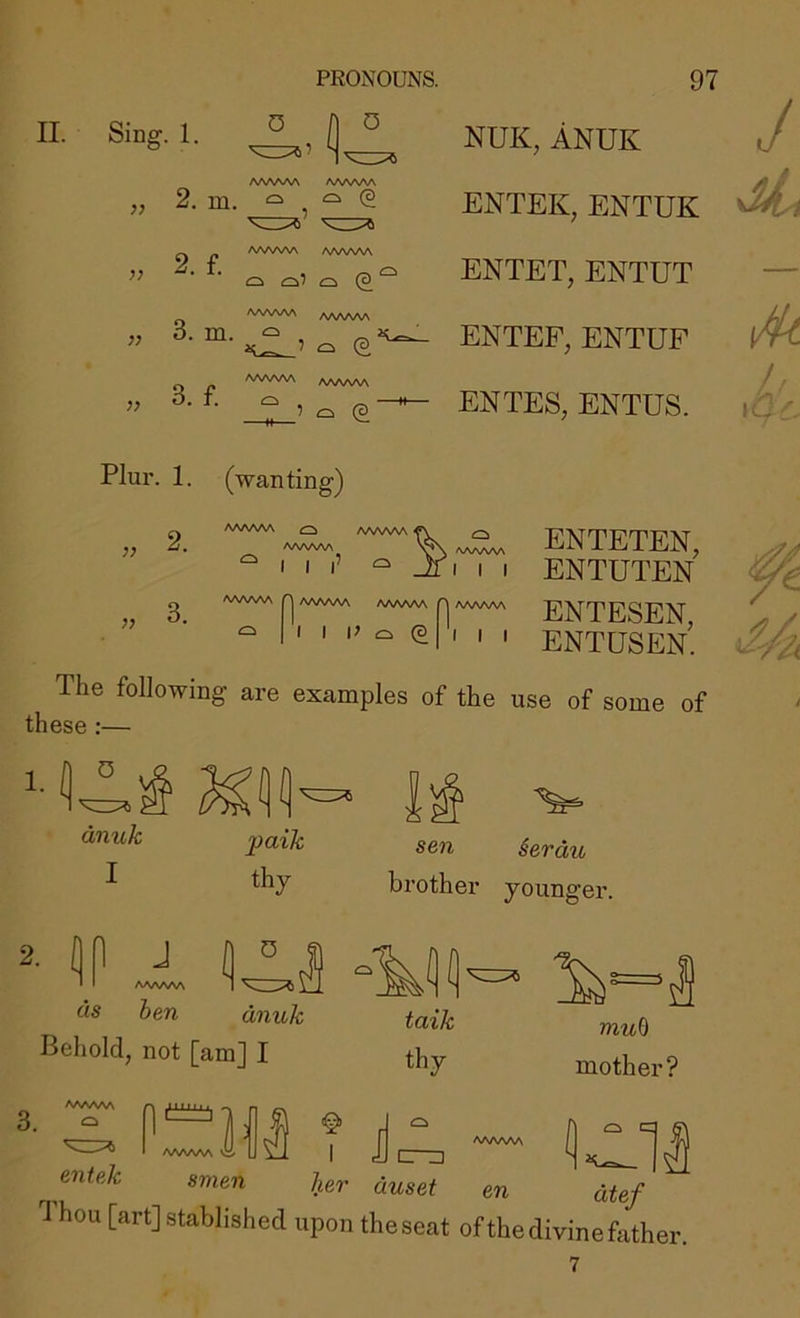 II. Sing. 1. 0 0 AAAAAA AAAAAA 2. m. ci . ^ (2 AWWV /WW\A jj 'iy. I. , ^ ^ /WWV\ AAAAAA „ 3. m. - , AAAAAA AAAAAA ” (2 NUK, ANUK ENTEK, ENTUK ENTET, ENTUT ENTEF, ENTUF ENTES, ENTUS. y h Plui'. 1. (wanting) » 2 AAAAAA O AAAAAA ^ AAAAAA 1 i’ \ AAAAAA 1 1 1 AAAAAA AAAAAA AAAAAA AAAAAA • - 1 o (5 ■ . ENTETEN, ENTUTEN ENTESEN, ENTUSEN. The following are examples of the use of some of these :— dnuk I sen ierdu brother younger. 2. Ij[l J (1 ° J AAAAAA 1 V ^ \ J ds hen dnuk Behold, not [am] I talk thy AAAAAA entek AAAAAA vii smen I lier duset & muQ mother? - (jwll _ ■- '.ter auset en dtef i hou [artjstablished upon the seat ofthe divine father.