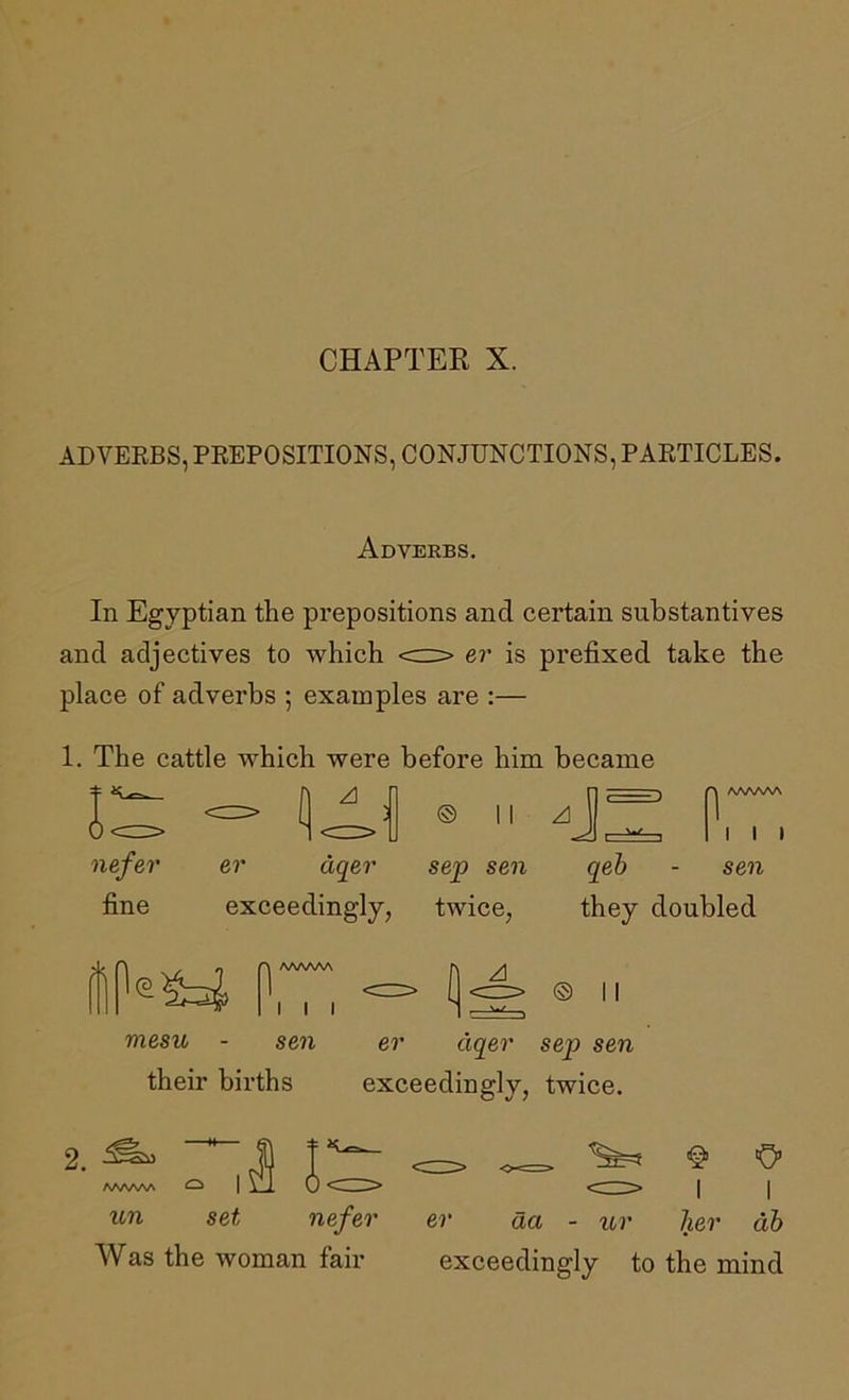 CHAPTER X. ADVERBS, PREPOSITIONS, CONJUNCTIONS, PARTICLES. Adverbs. In Egyptian the prepositions and certain substantives and adjectives to which <=> er is prefixed take the place of adverbs ; examples are :— 1. The cattle which were before him became T ^— f 1 1 ) 0 nefer er dqer fine exceedingly, sep sen qeh - sen twice, they doubled I I I mesu - sen their births er ciqer sep sen exceedingly, twice. 2. ^ O’ AAAAAA ^ I 1-1 0 <r—| | un set nefer er da - ur her ah Was the woman fair exceedingly to the mind
