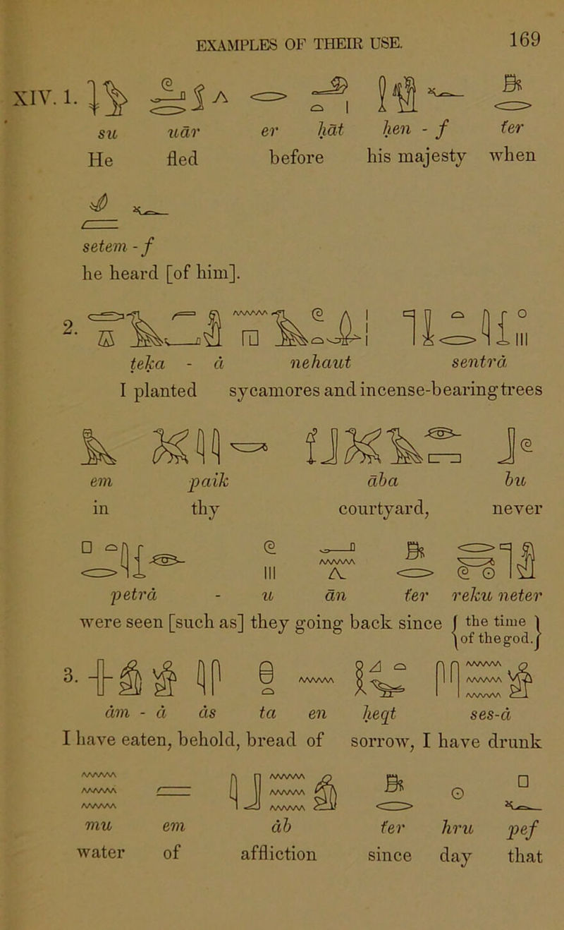 XIV. 1. <=> ^ 1 B SU uar er hat hen - f fer He fled before his majesty when / setem - f he heard [of him]. teka - a nehaut sento'd. I planted sycamores and incense-bearingtrees em in □ ^ peak thy petrd u U2 aha courtyard, cr-zi J (3 hie never AAAAAA ZV an fer (3 O reku neter were seen [such as] they going back since | the time 1 iof thegod.j 4, 0(1 8 A/WSAA AAAAAA AAAAAA dm - d ds ta en heqt ses-d I have eaten, behold, bread of sorrow, I have drunk AAAAAA AAAAAA / y AAAAAA jn AAAAAA B 0 □ AAAAAA AAAAAA cfLi; <z:=> - mu em dh fer hru water of affliction since day that
