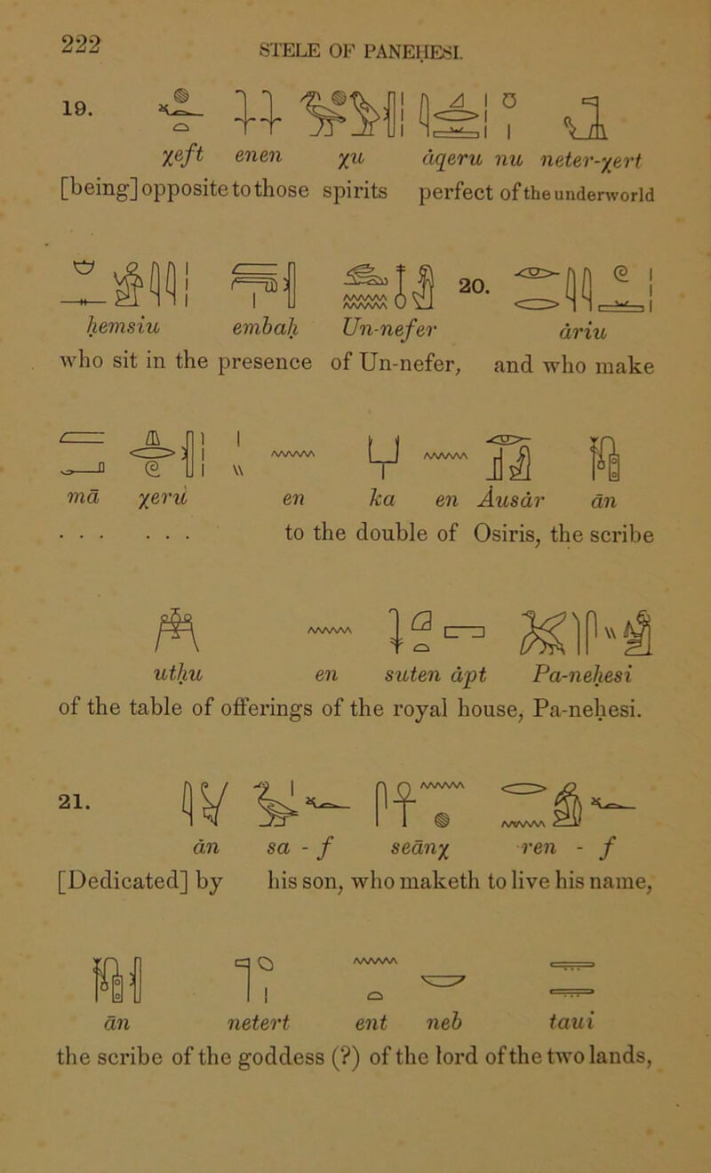 19. w mi ^ I 0 •I .1 I Xeft enen aqe.ru nu neter-yert [^bsingj opposite to those spirits perfect of the underworld hemsiu embah Avho sit in the presence AAAAAA A V I /WWVA \J \J. 20. Un-nefer driu of Un-nefer, and. who make ma yeru en ka en Ausdr an to the double of Osiris, the scribe uthu en suten dpt Pa-nehesi of the table of offerings of the royal house, Pa-nehesi. an sa - f seany ren - f [Dedicated] by his son, who maketh to live his name. an netert ent neb taui the scribe of the goddess (?) of the lord ofthe two lands.