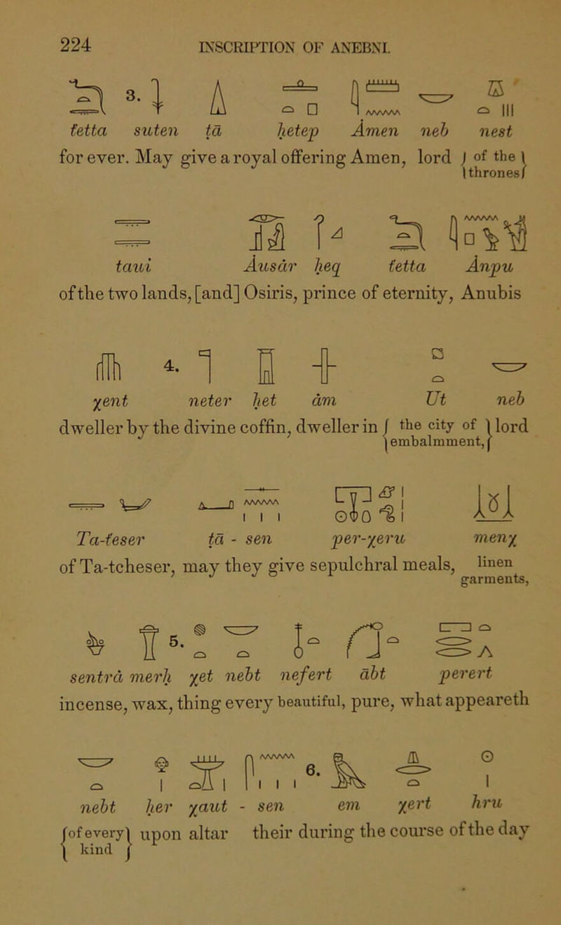 Si ^4 A fl S o □ tetta suten td hetep Amen neb nest forever. May give a royal offering Amen, lord ) ot the i I thrones/ Jil Ausdr lieq Anpu taui Ausdr lieq fetta of the two lands, [and] Osiris, prince of eternity, Anubis xent 1 fl neter liet am □ Ut neb dweller by the divine coffin, dweller in/ the city of [lord I embalmment, I Ta-feser AAAAAA I I I ta - sen O4)0 % I per-yeru M meny of Ta-tcheser, may they give sepulchral meals, h h rj' ^ <r—:> sentrd merli yet nebt nefert dbt perert incense, wax, thing every beautiful, pure, what appeareth em /a to yert O hru I I I nebt her yaut - sen (of every! upon altar their during the course of the day [ kind J ^