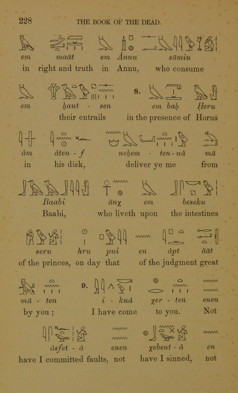 em viaat in right and truth em Annu sdmiu in Annu, who consume em haut - sen their entrails 8. (=U) em bah Heru in the presence of Horus dm in dten - f his disk, ■WvAA n ^ neliem - ten - ud deliver ye me md from Baabi Baabi, an^ em who liveth upon beseku the intestines seru hru jpioi en dpt aat of the princes, on day that of the judgment great AAAAAA I I I md - ten by you ; r\ f ® <=^ AAAAAA A 1 A/WW> AAAAAA i - hud yer - ten enen I have come to you. Not dsfet - d enen - d en have I committed faults, not have I sinned, not