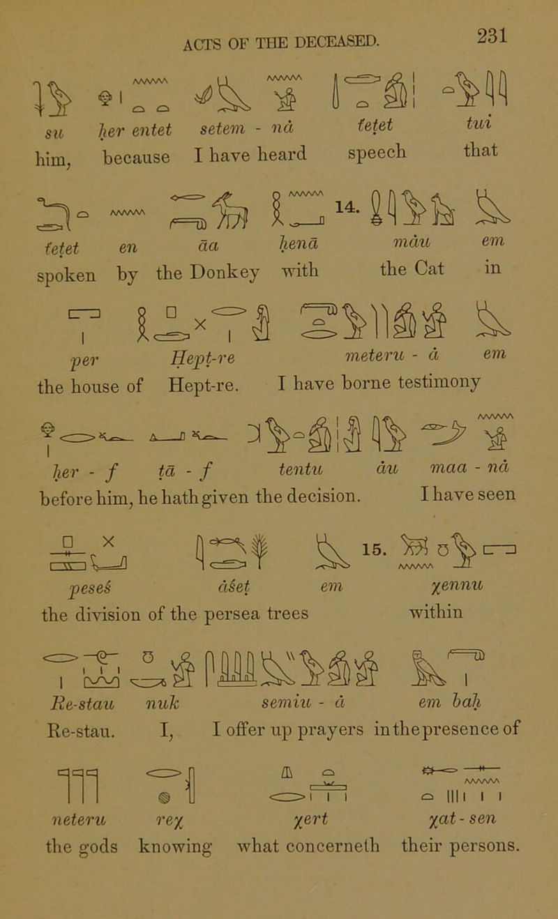 su AAAAAA ^ I j ^ AAAAAA her entet setem - nd fetet tui because I have heard speech that ^ ^ AAAAAA (etet en aa hena spoken by the Donkey with □ mdu the Cat em in X r—ifl per Hept-re meteru - a em the house of Hept-i’e. I have borne testimony I her - f ta - f tentio du maa - nd before him, he hath given the decision. I have seen □ X rvn^)— pese§ diet em the dmsion of the persea trees ^ 15. AAAAAA - y^ennu within =>-e- G I I I 1 f==iD Be-stau nuk semiu - d em hah Re-stau. I, I offer np prayers in the presence of 111 AAAAAA ll I I <=>i I I o neteru re% y^ert yat-sen the gods knowing what concernelh their persons.